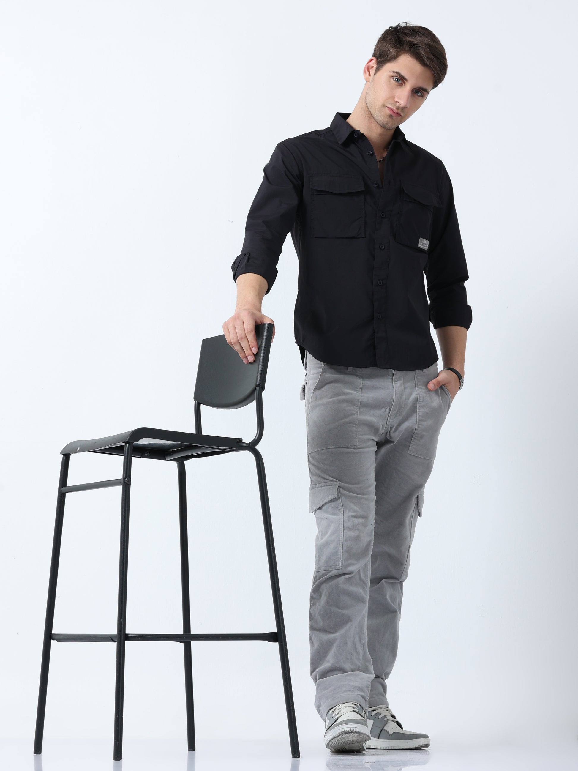Black Imported Fabric Double-Pocket Full Sleeve Plain Shirt
