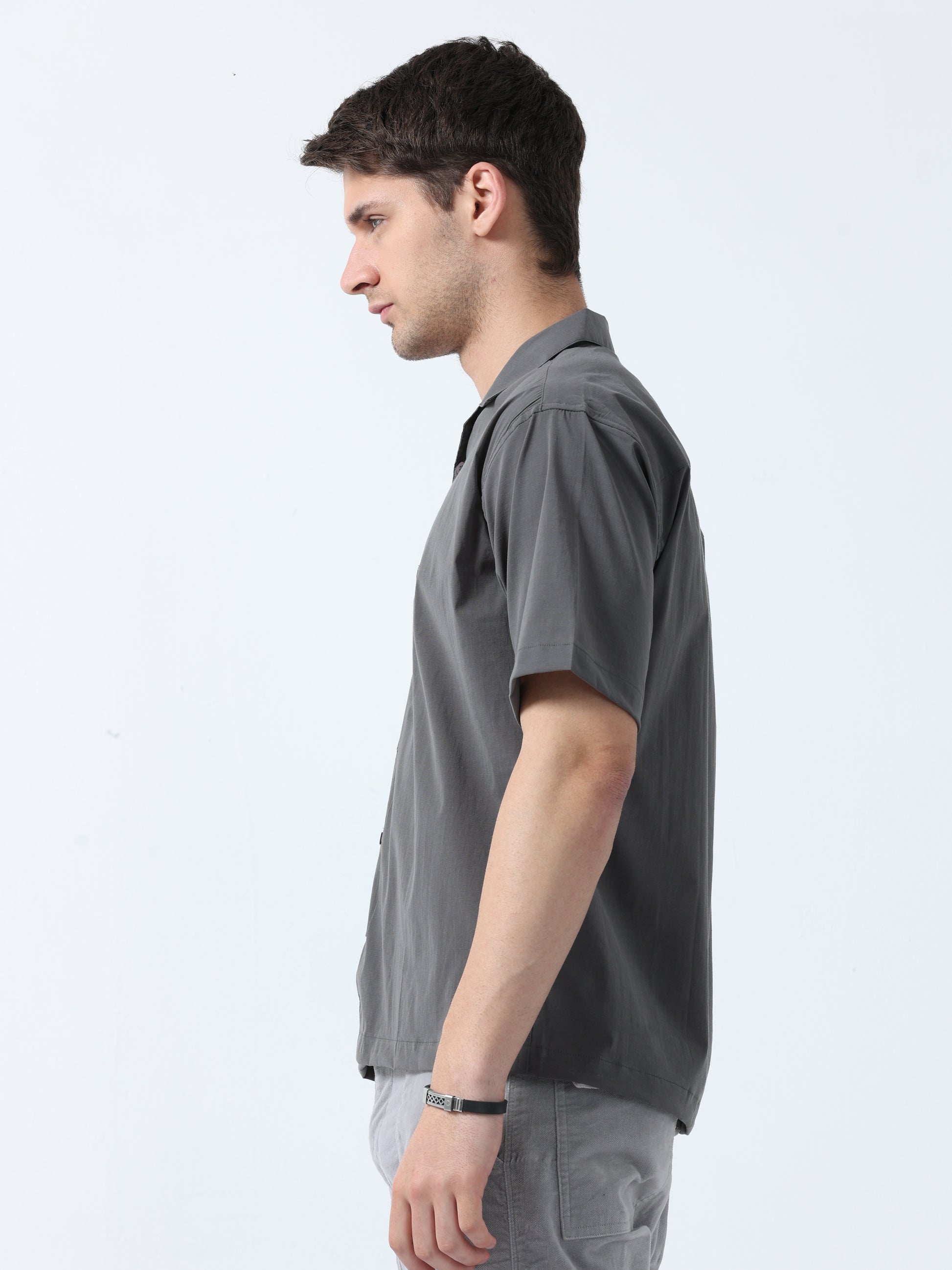 Grey Imported Fabric Loose Fit Men's Half Sleeve Plain Shirt
