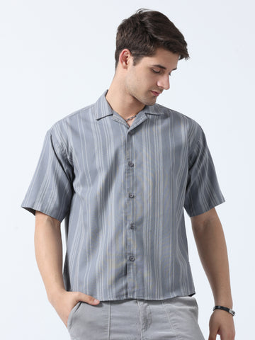 Grey Classic Half Sleeve Men's Loose Fit Striped Shirt