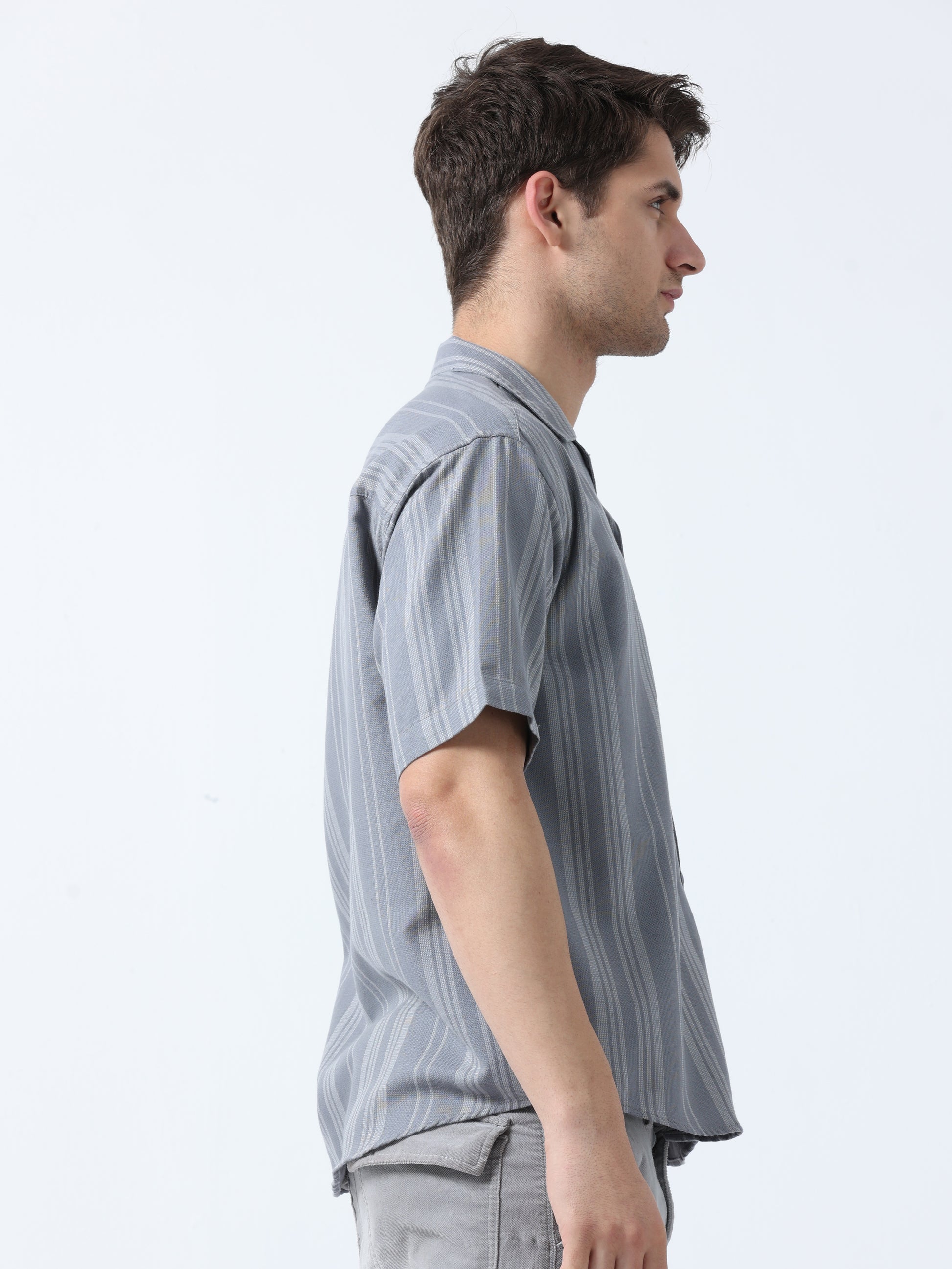 Grey Classic Half Sleeve Men's Loose Fit Striped Shirt