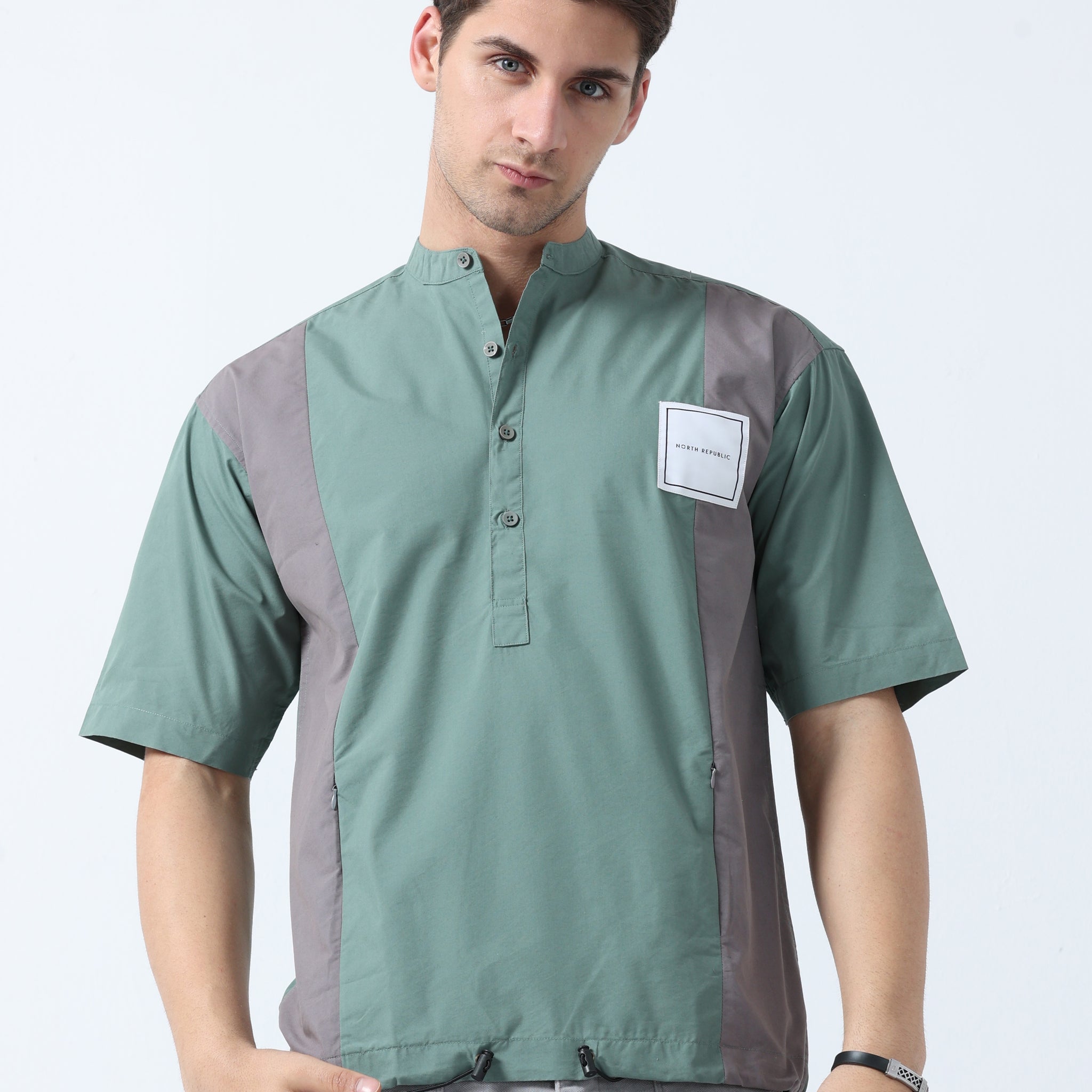 Green Chinees Collar Half Sleeve Men's Striped Shirt