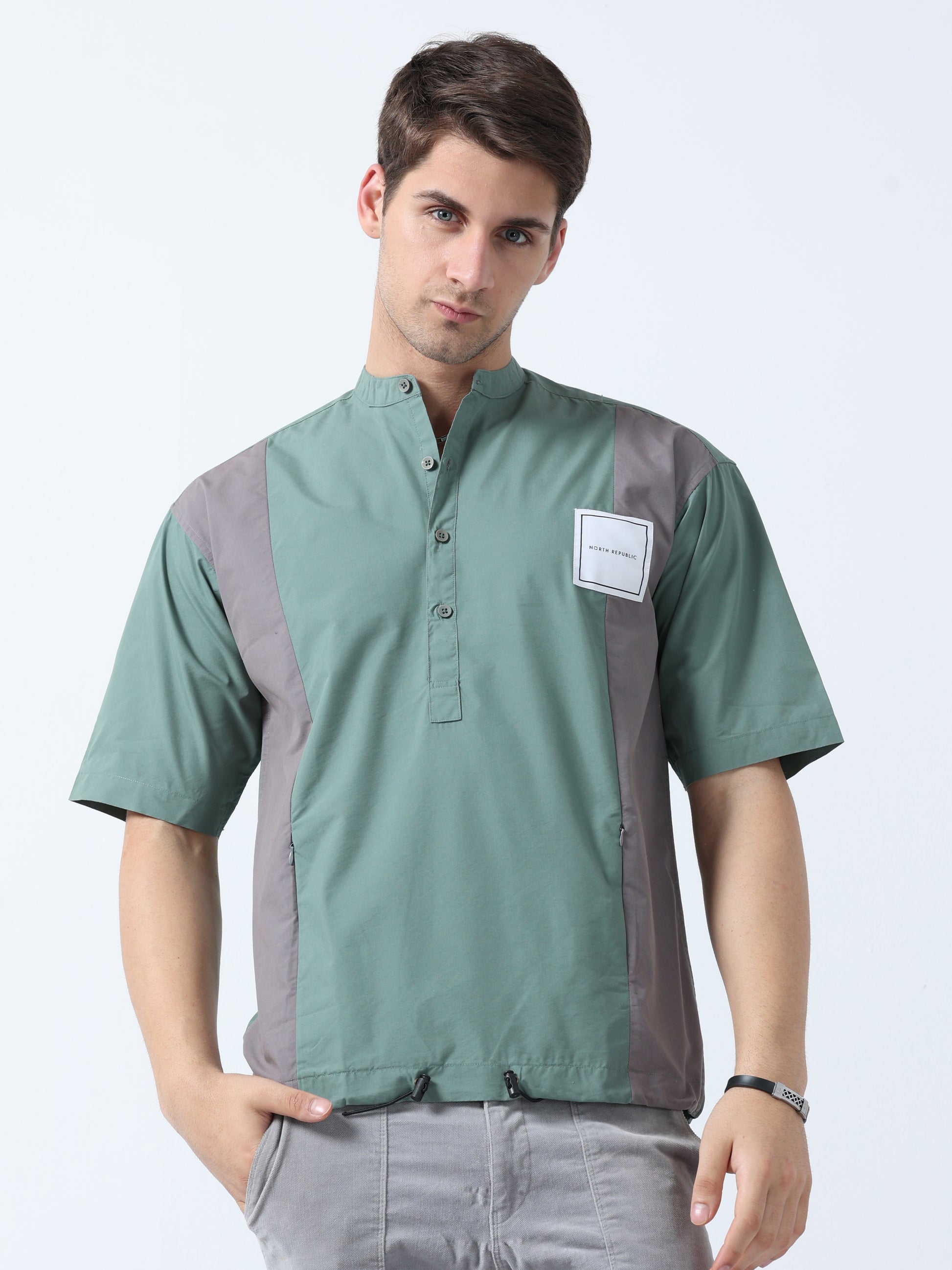 Green Chinees Collar Half Sleeve Men's Striped Shirt