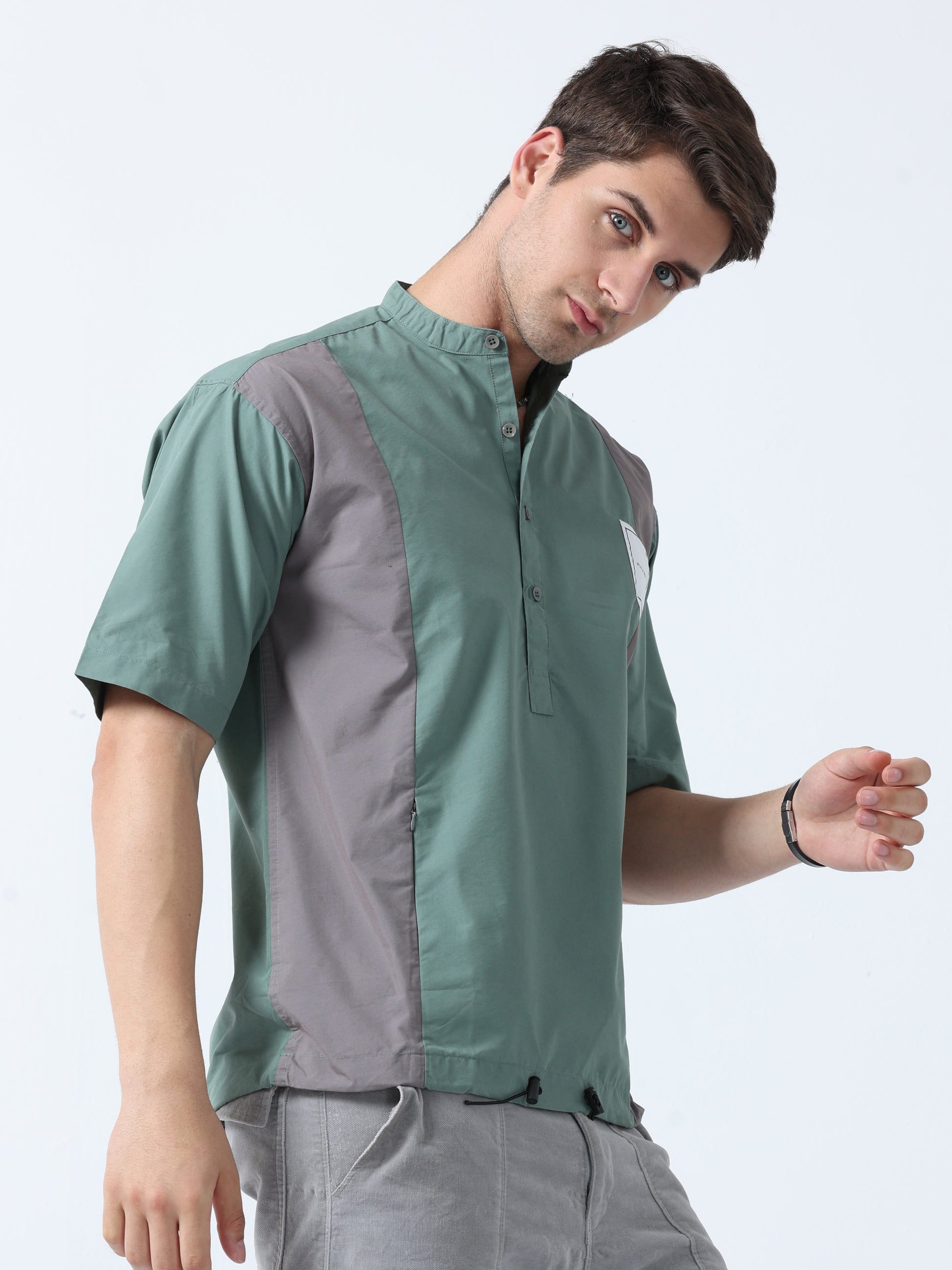 Green Chinees Straight Half Sleeve Men's Striped Shirt