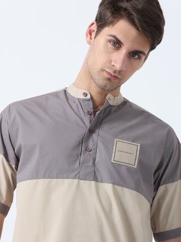 Dark Grey Chinees Collar Half Sleeve Men's Yoke Shirt