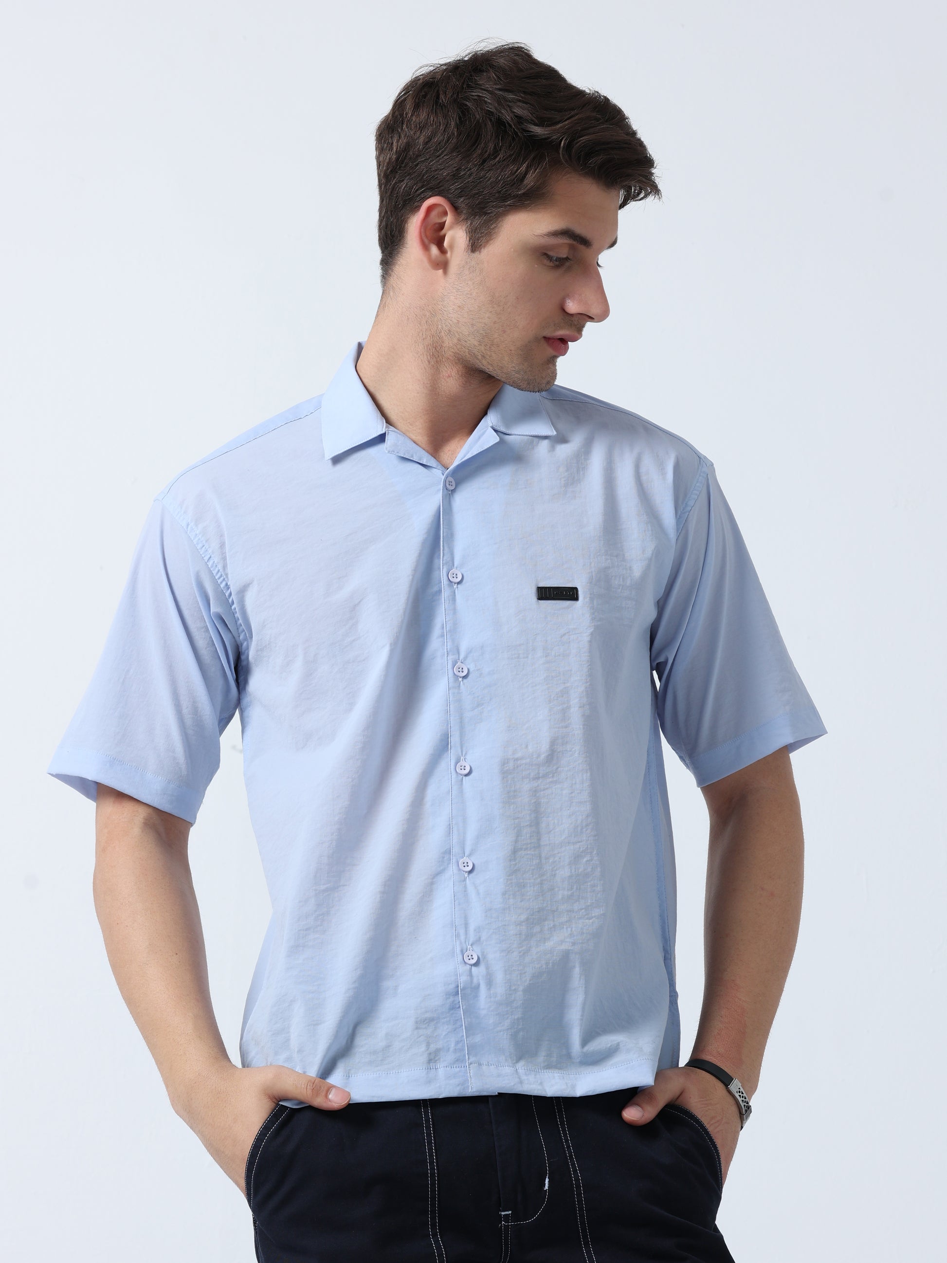 Sky Blue Pleasant Fit Men's Half Sleeve Plain Shirt