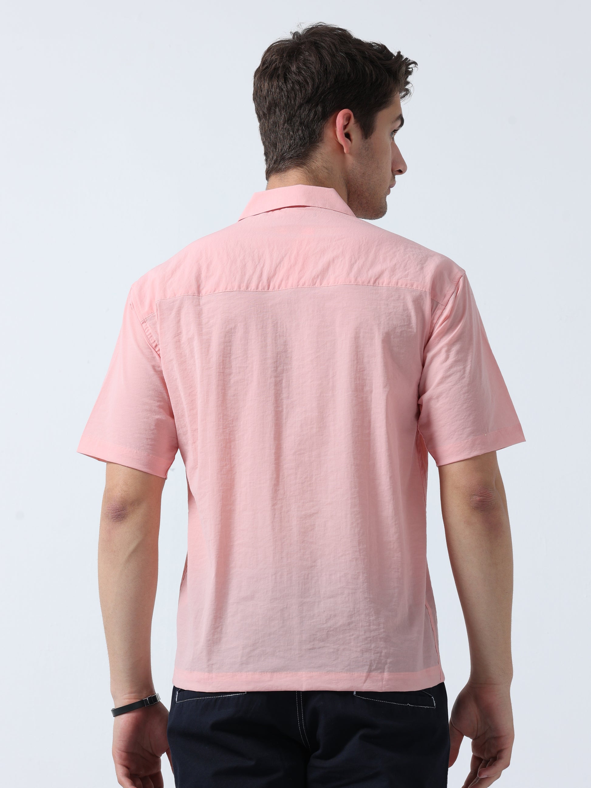 Pink Loose Fit Men's Half Sleeve Plain Shirt