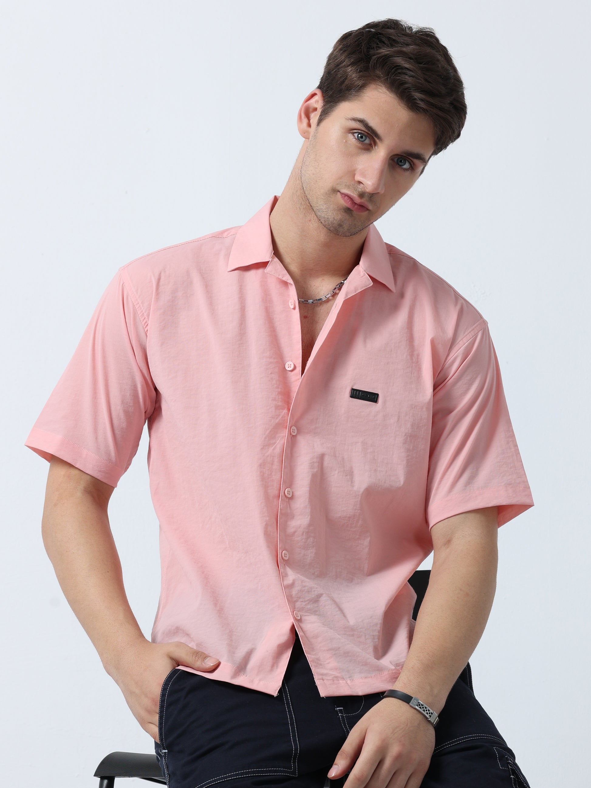 Pink Loose Fit Men's Half Sleeve Plain Shirt