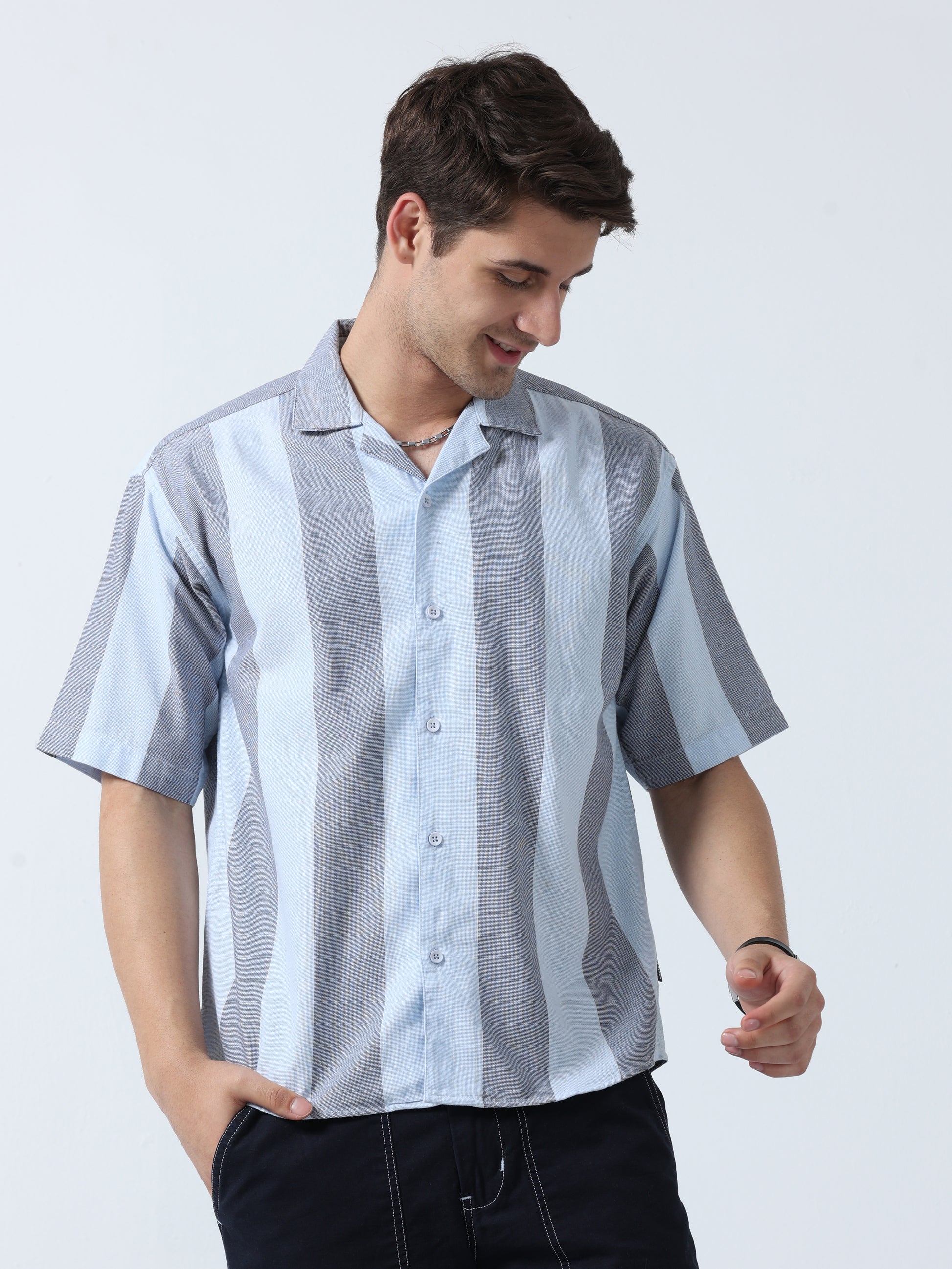 Sky Blue Half Sleeves Awning Striped Men's Shirt