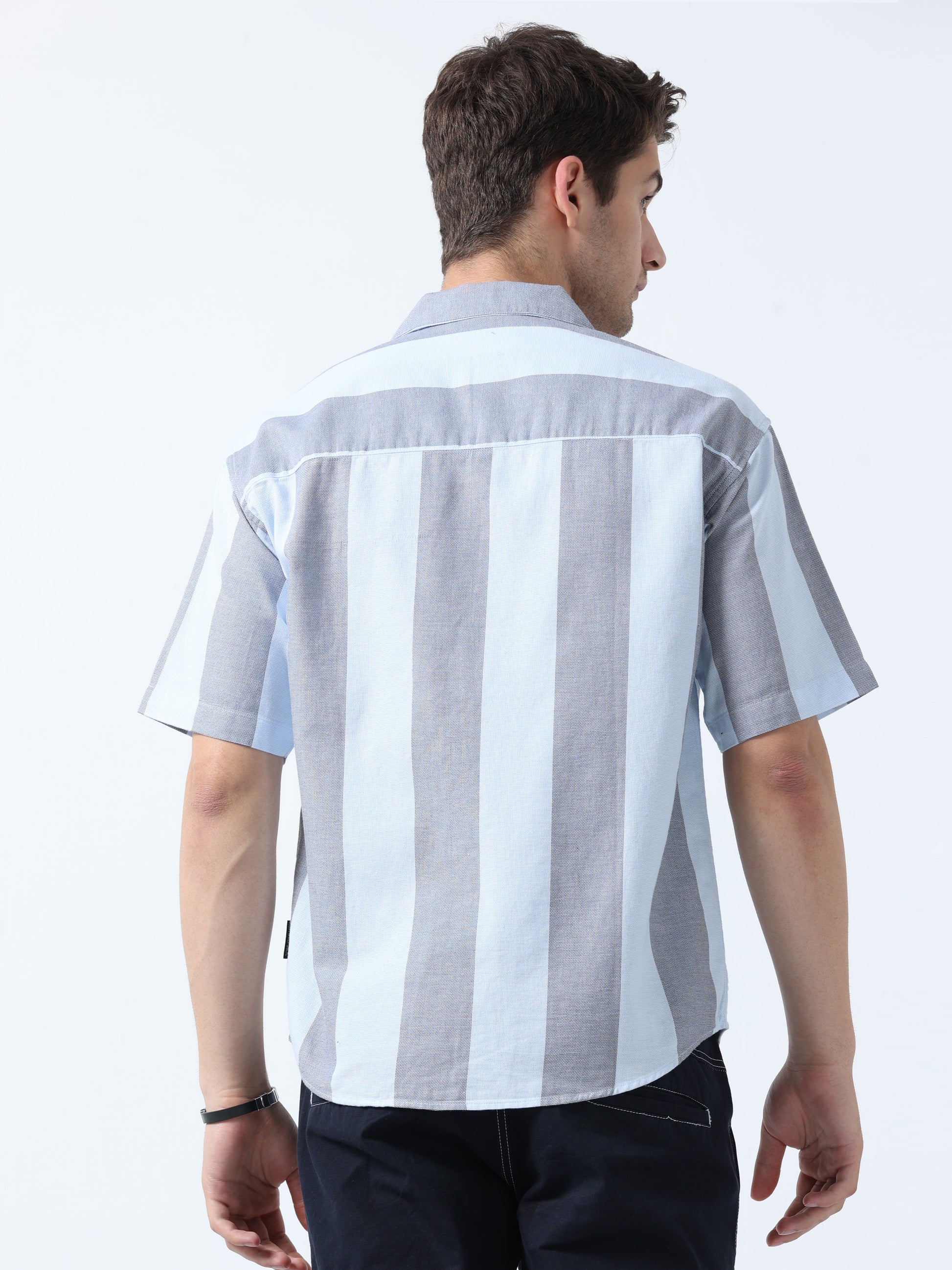 Sky Blue Half Sleeves Awning Striped Men's Shirt