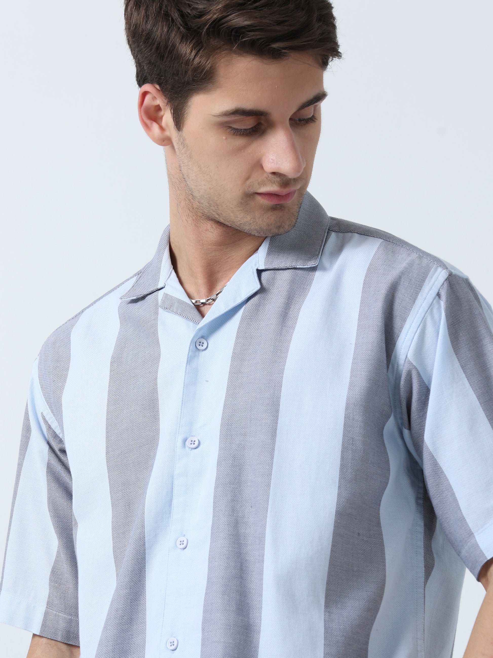 Sky Blue Half Sleeves Awning Striped Men's Shirt