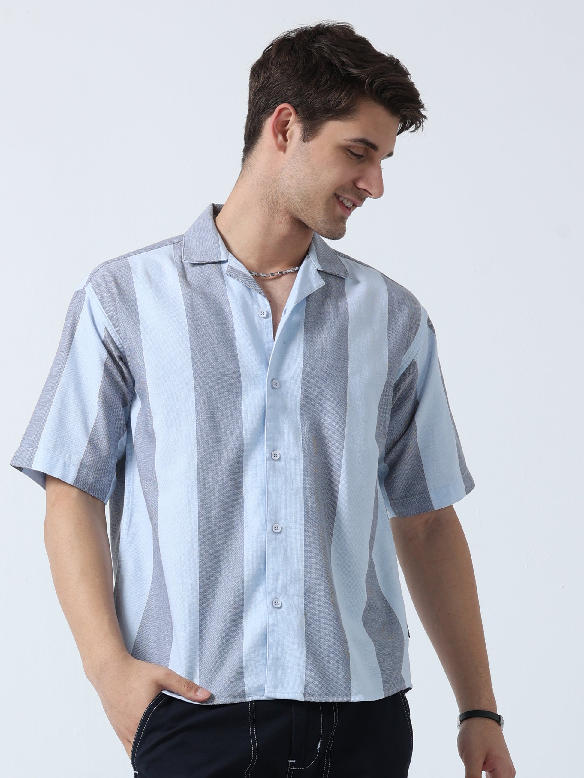 Sky Blue Half Sleeves Awning Striped Men's Shirt