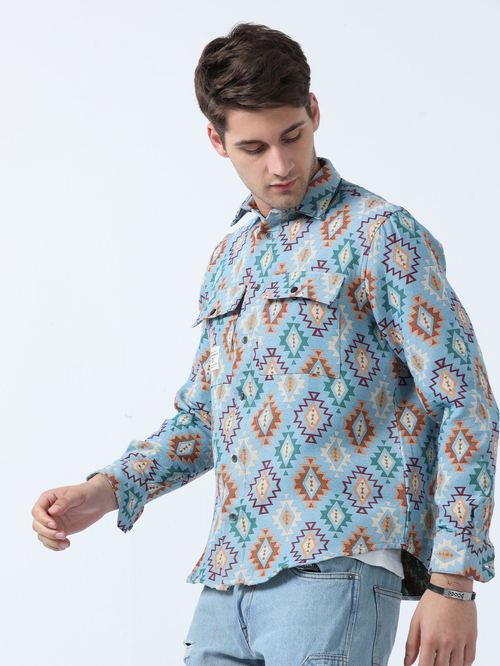 Sky Blue Imported Fabric Double Pocket Jacquard Shirt