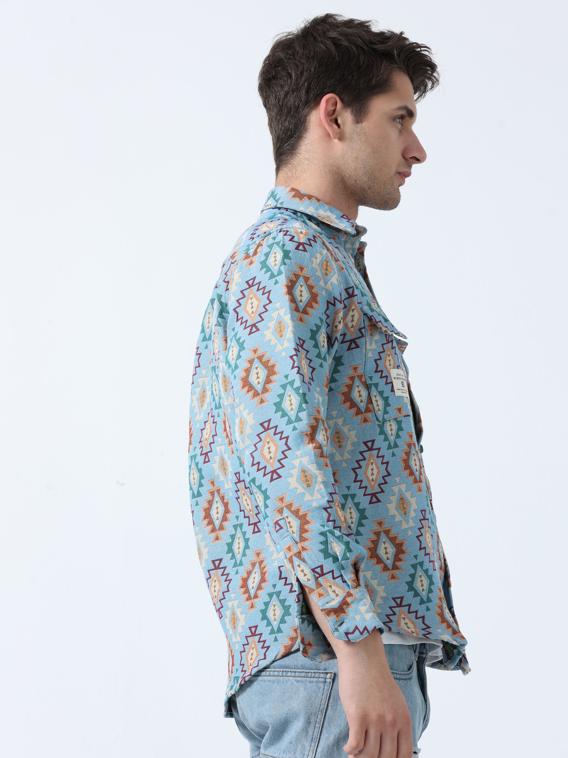 Sky Blue Imported Fabric Double Pocket Jacquard Shirt