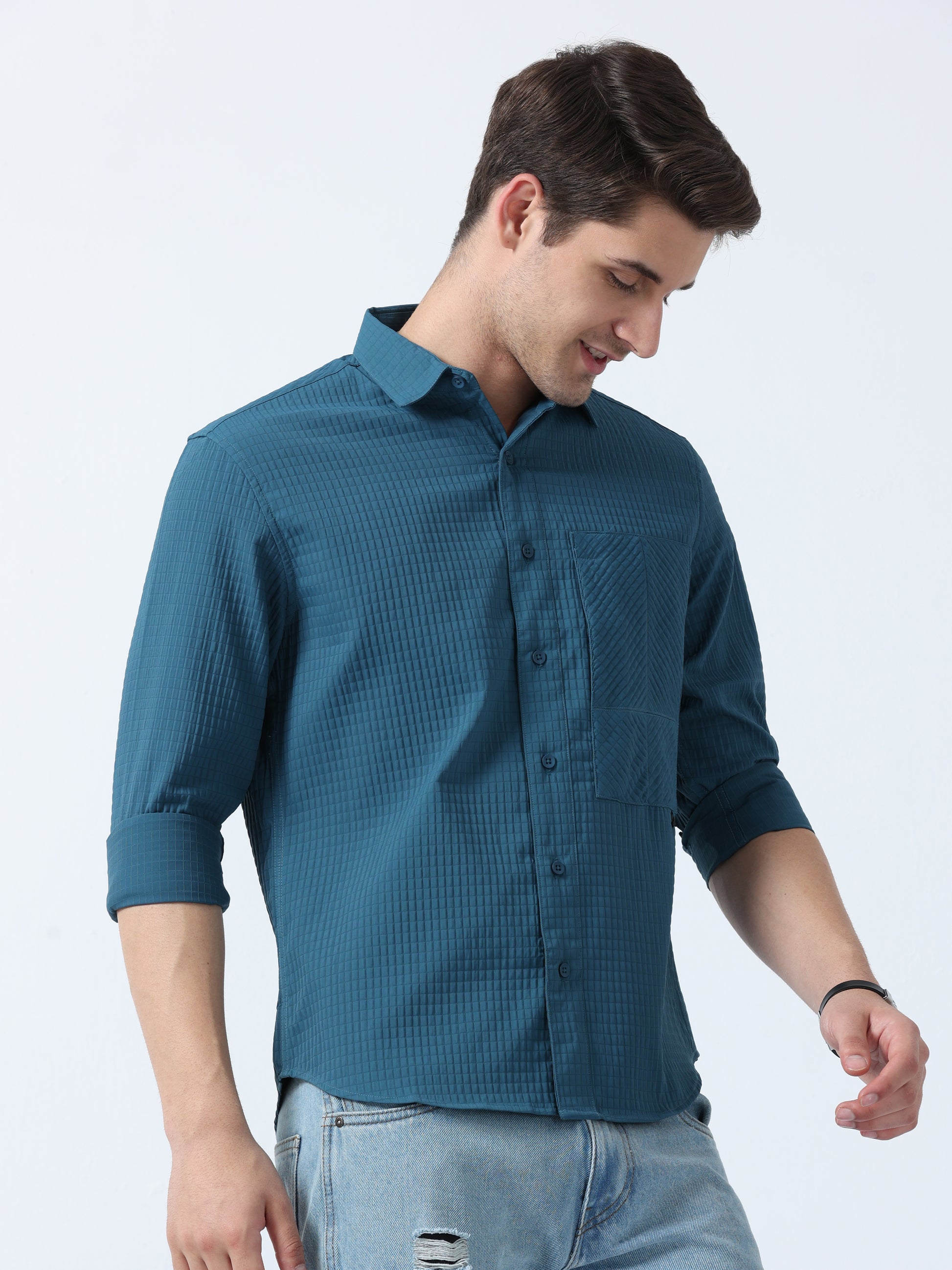 Teal Imported Fabric Full Sleeve Men's Plain Shirt