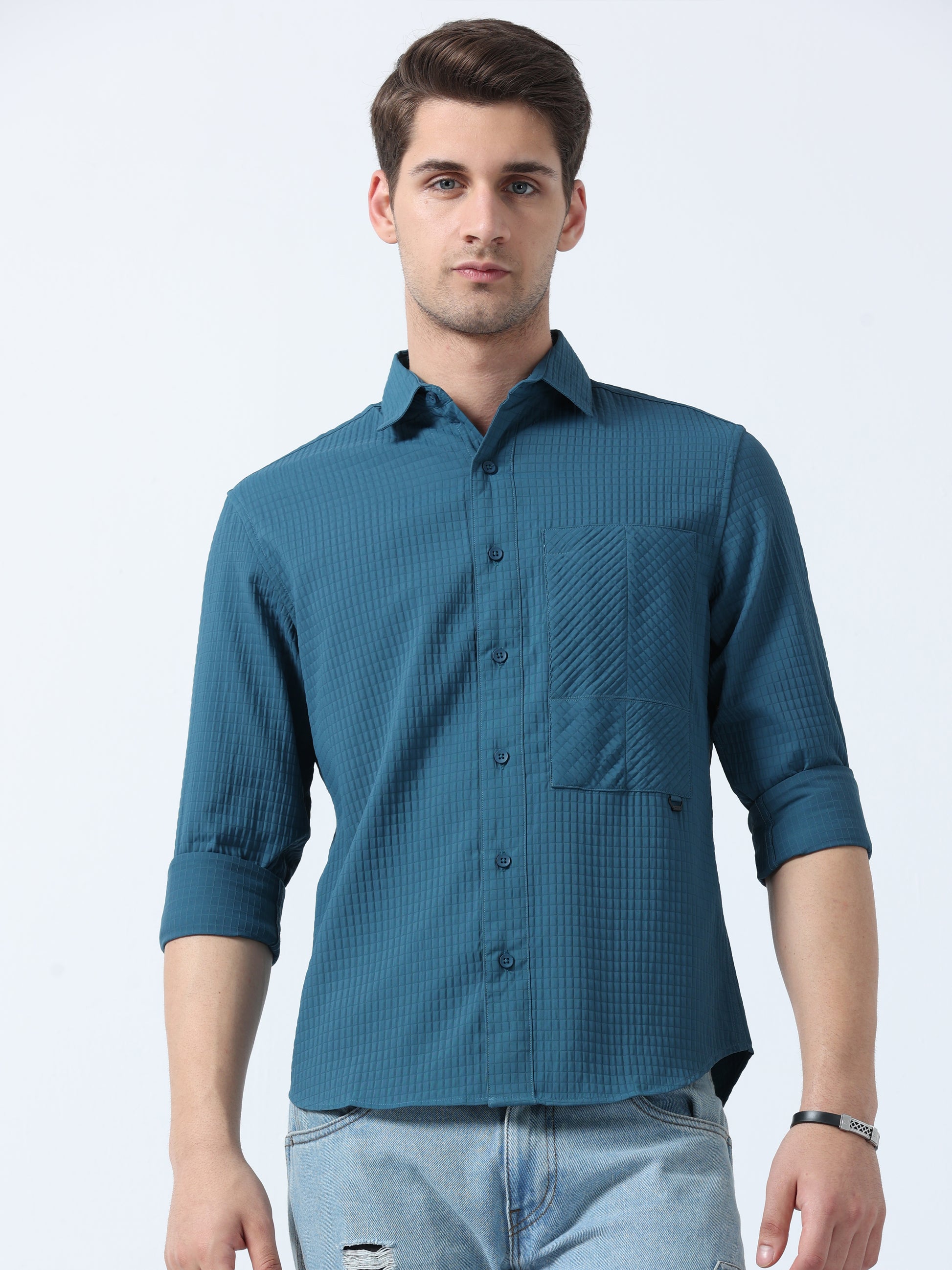 Teal Imported Fabric Full Sleeve Men's Plain Shirt