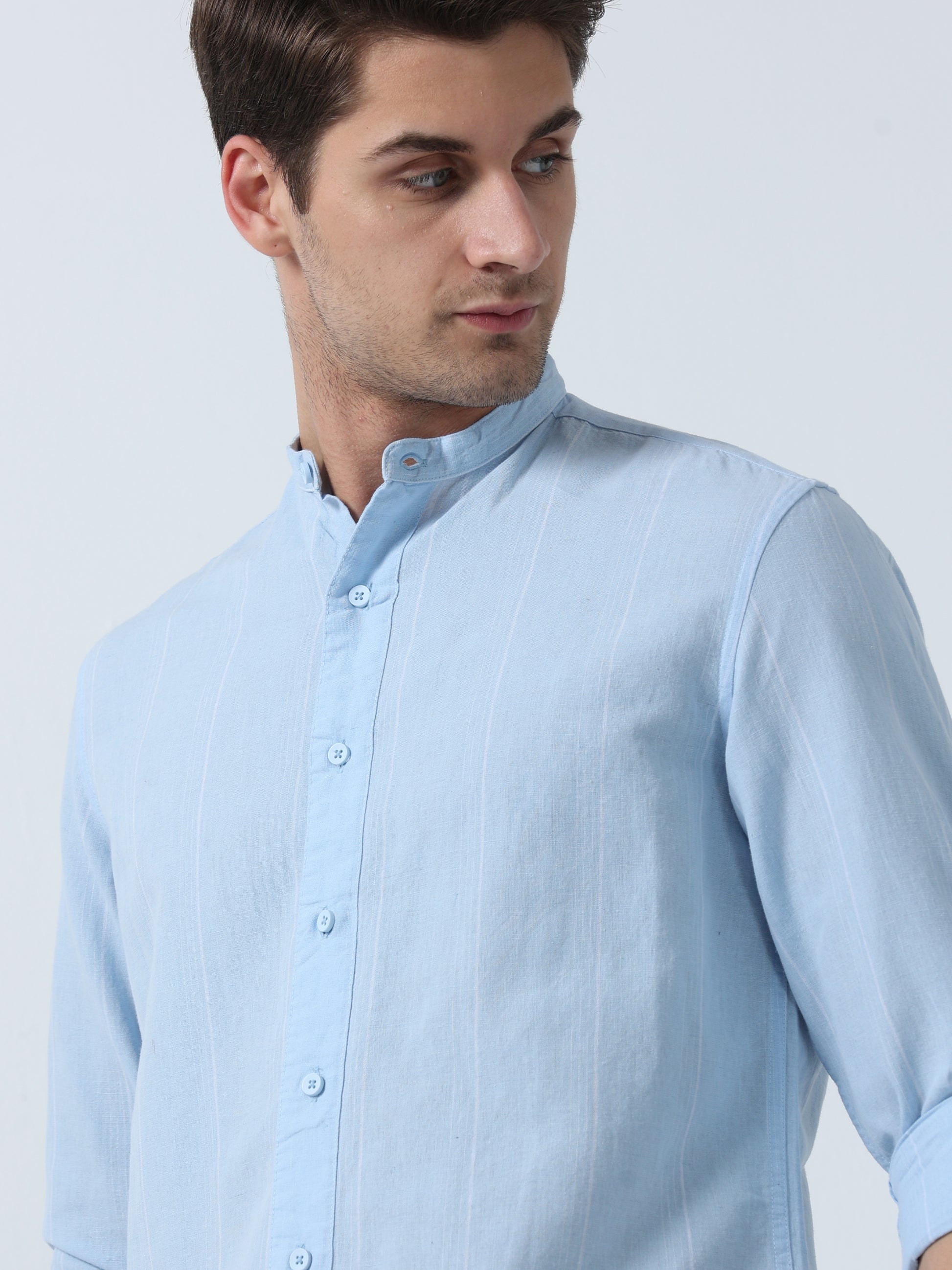 Sky Blue Chinees Collar Men's Full Sleeve Pin Striped Shirt