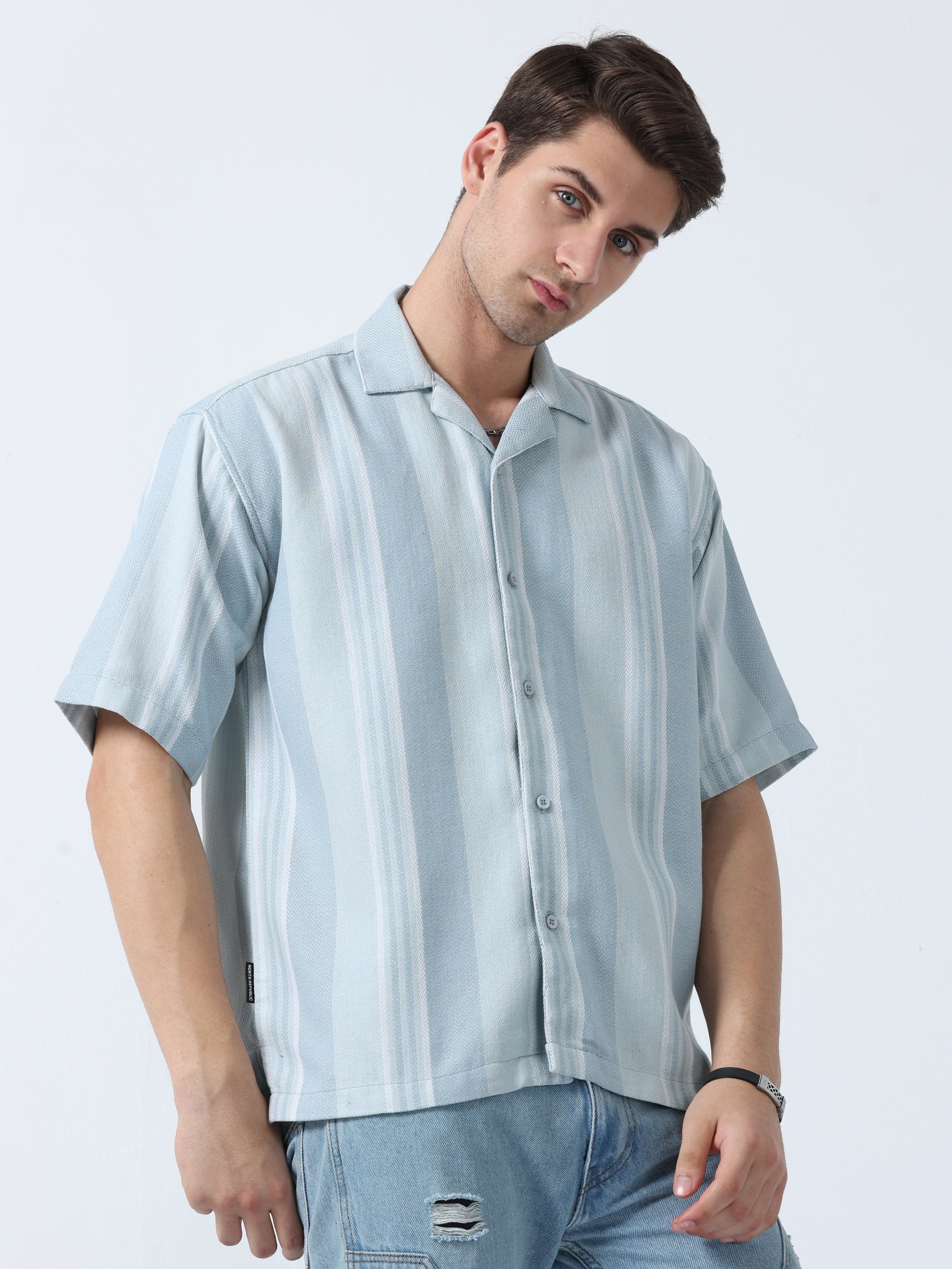 Light Blue Pleasant Fit Men's Half Sleeve Striped Shirt