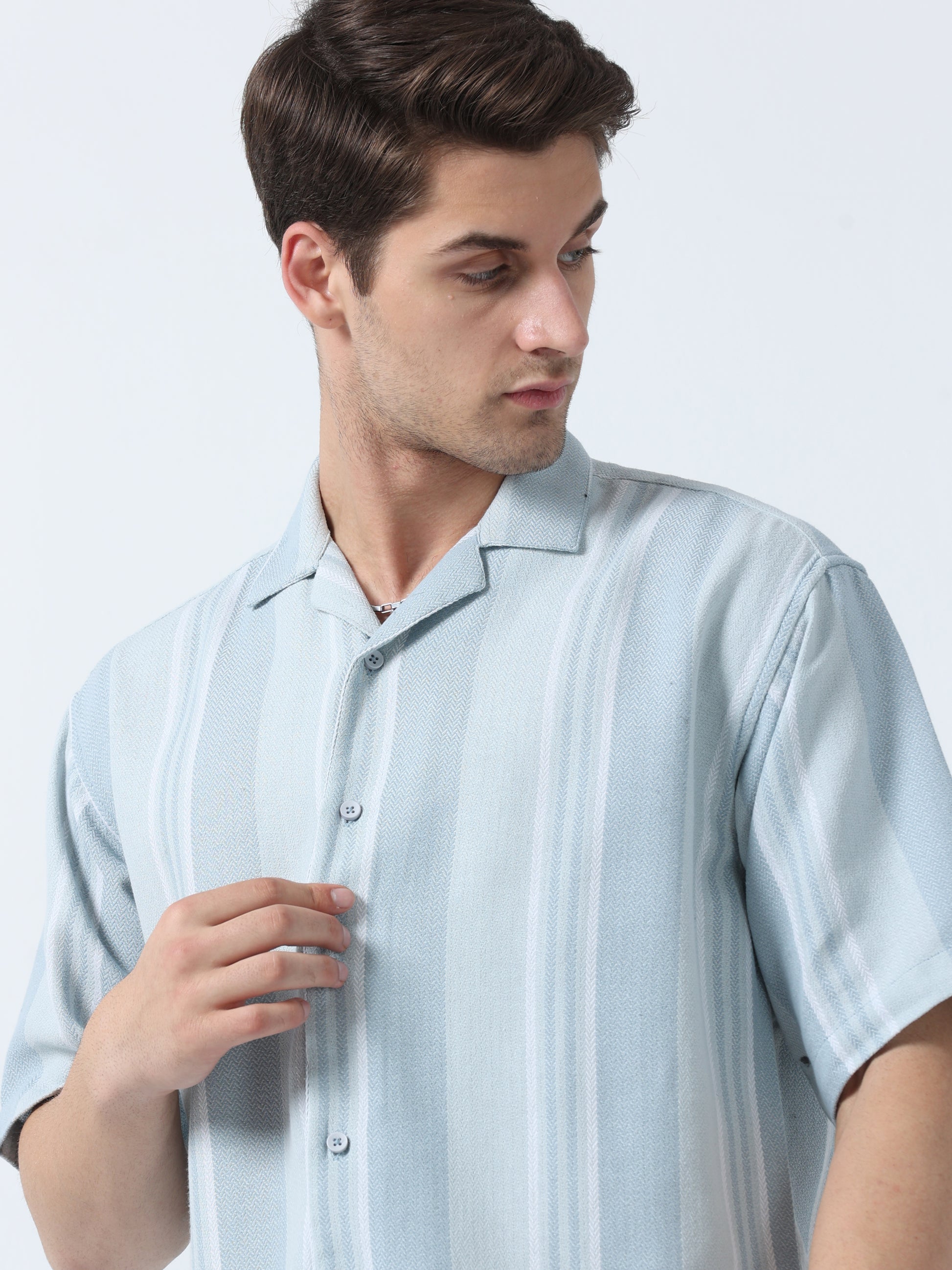 Light Blue Pleasant Fit Men's Half Sleeve Striped Shirt