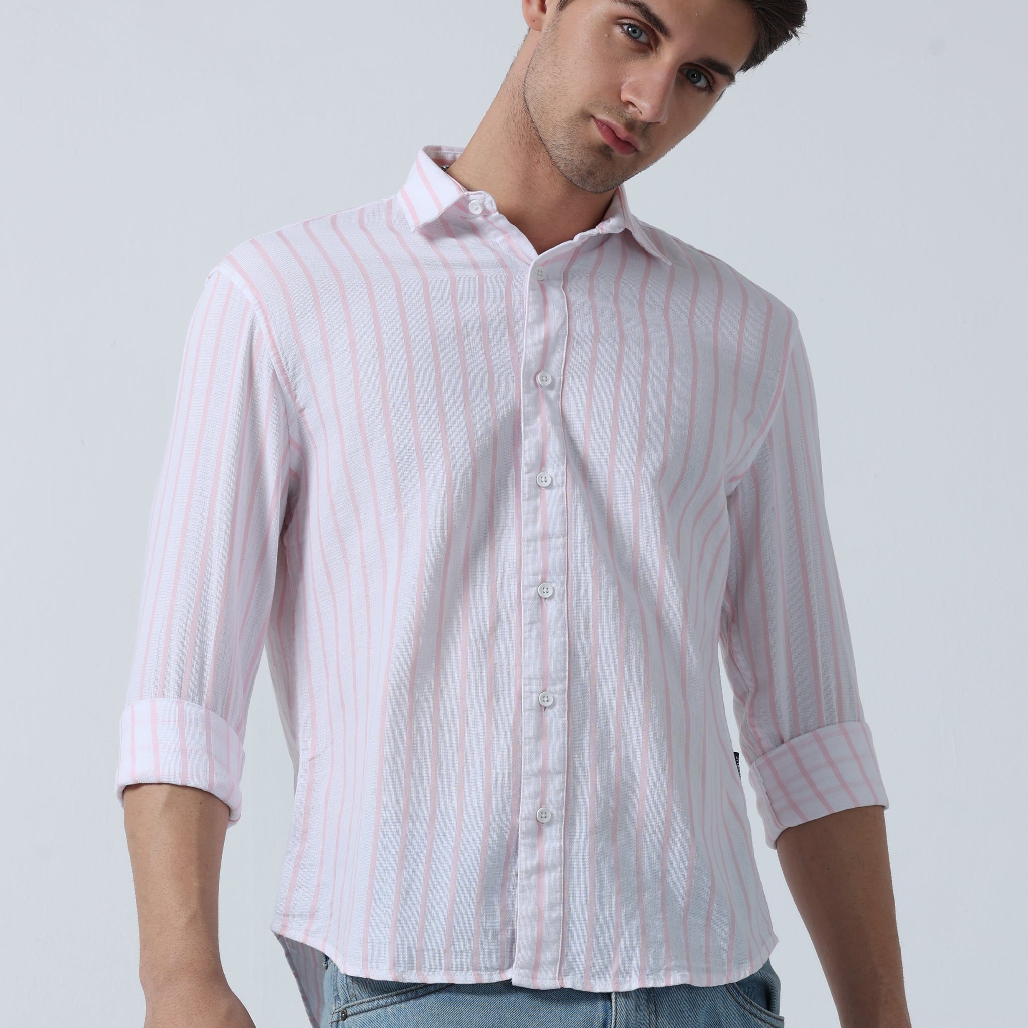 Pink Pin Men's Full Sleeve Striped Shirt