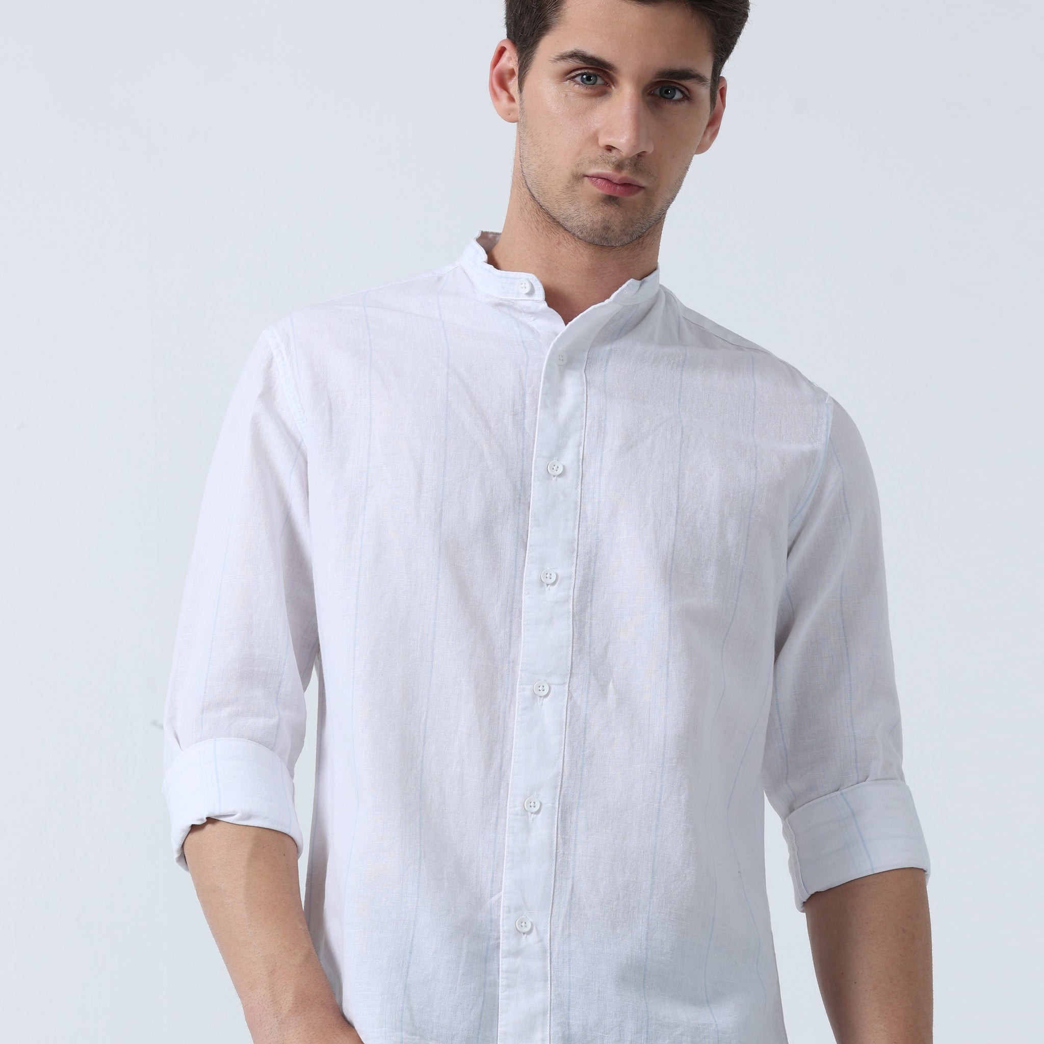 White Chines Collar Pin Men's Full Sleeve Striped Shirt