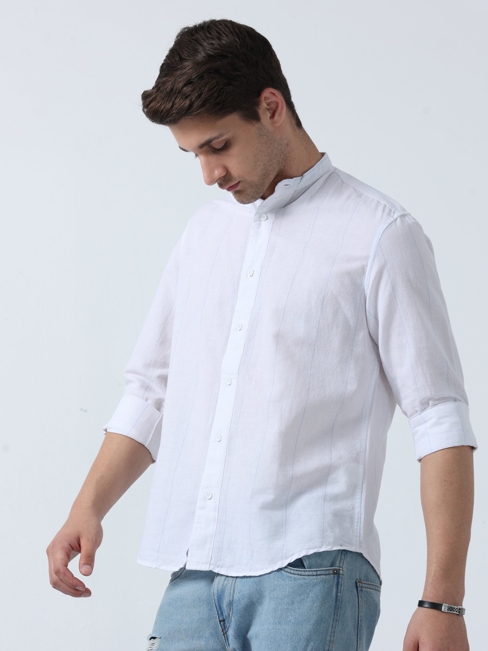 White Chines Collar Pin Men's Full Sleeve Striped Shirt