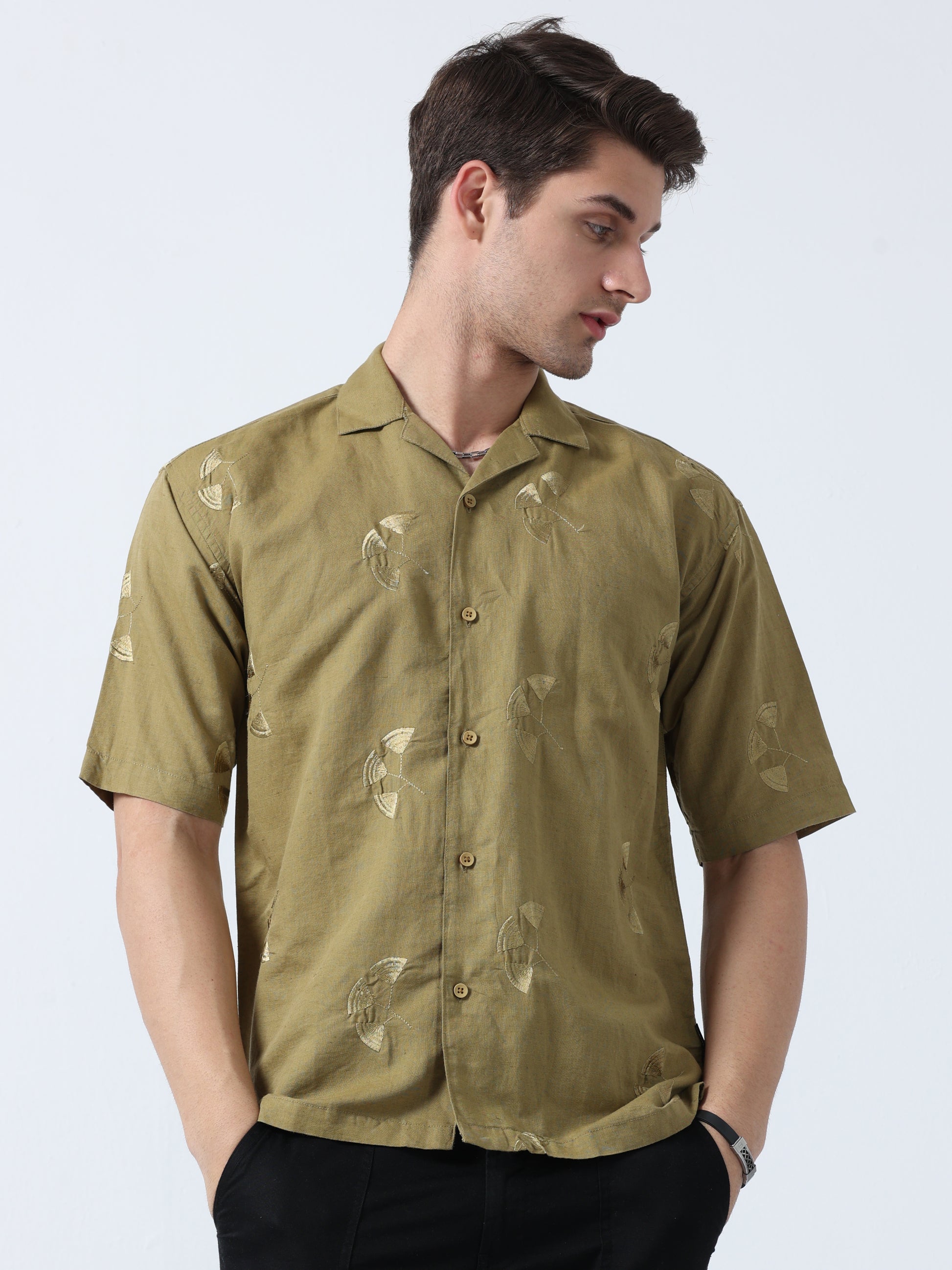 Khaki Loose Fit Half Sleeve Embroidered Men's Printed Shirt