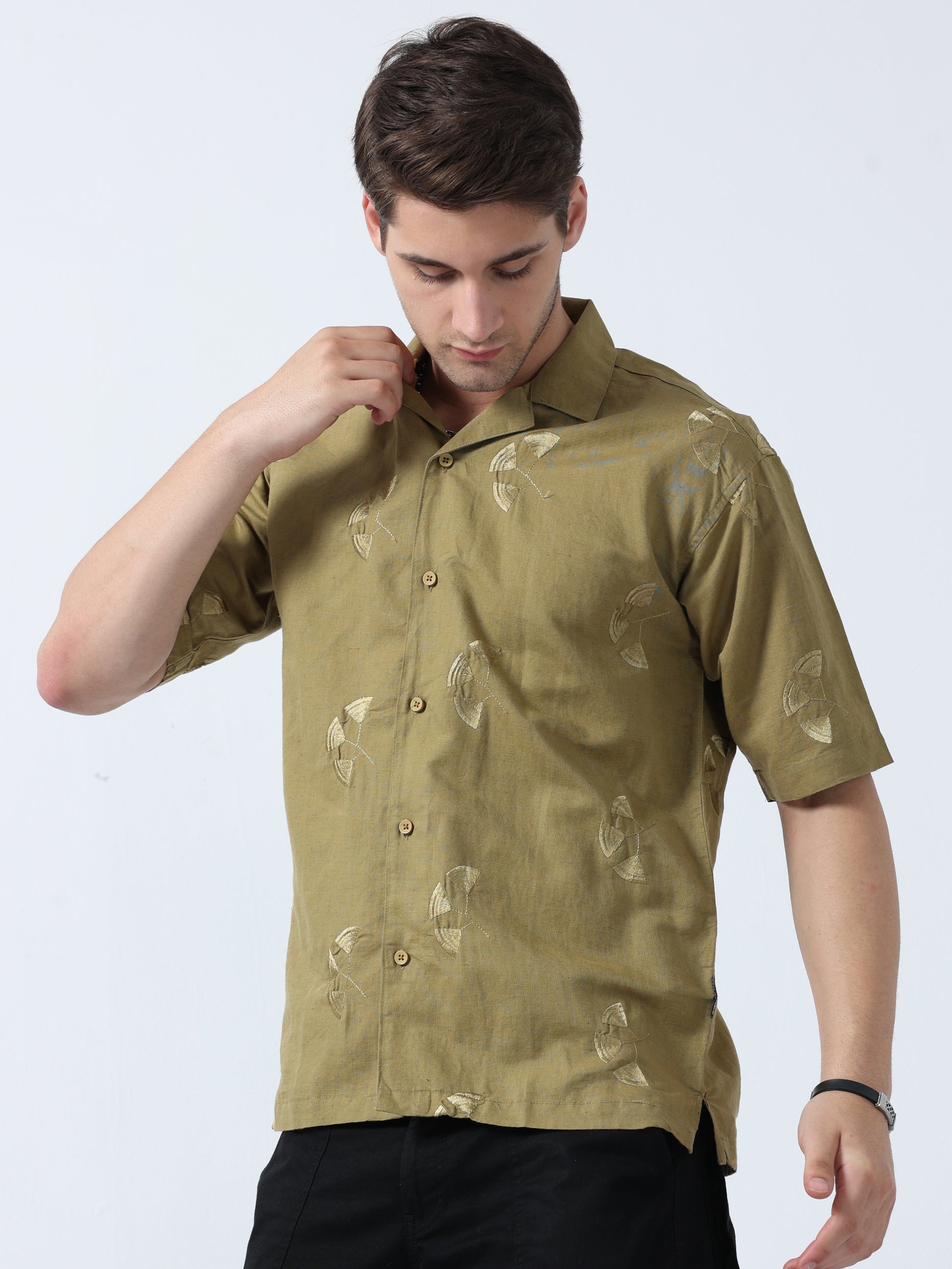 Khaki Loose Fit Half Sleeve Embroidered Men's Printed Shirt