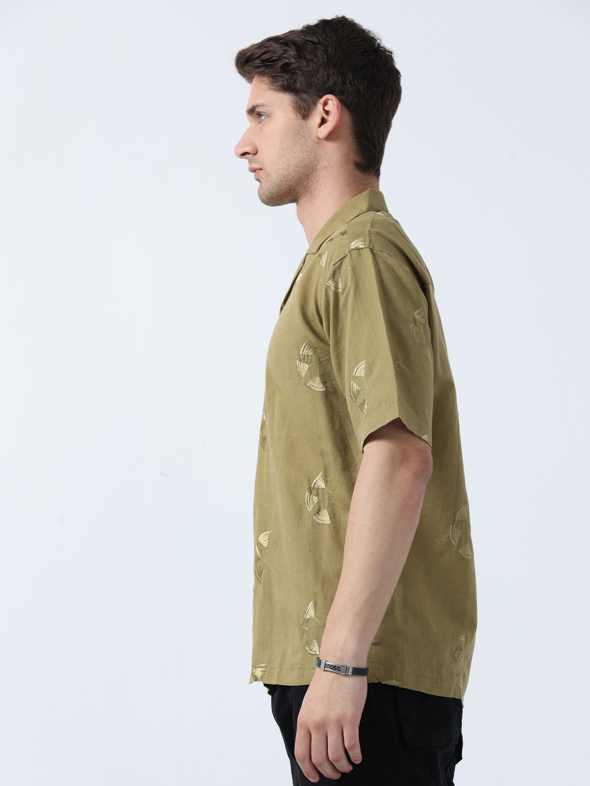 Khaki Loose Fit Half Sleeve Embroidered Men's Printed Shirt