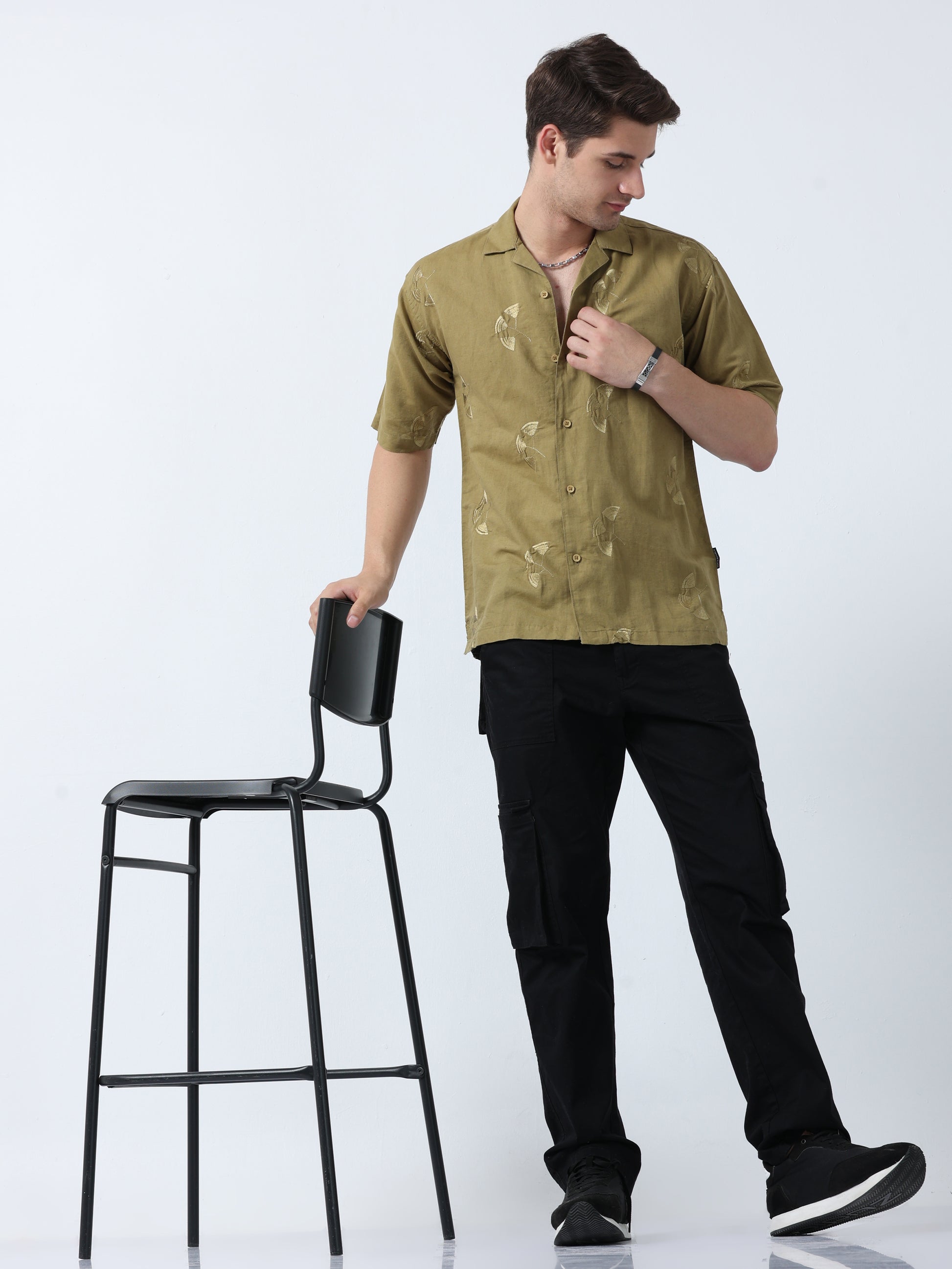 Khaki Loose Fit Half Sleeve Embroidered Men's Printed Shirt