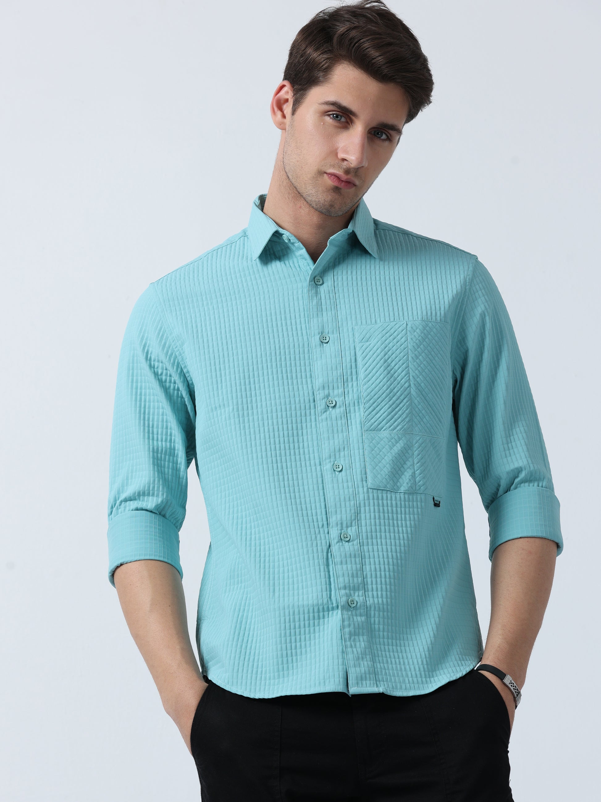 Sky Blue Pocket Twist Men's Plain Shirt