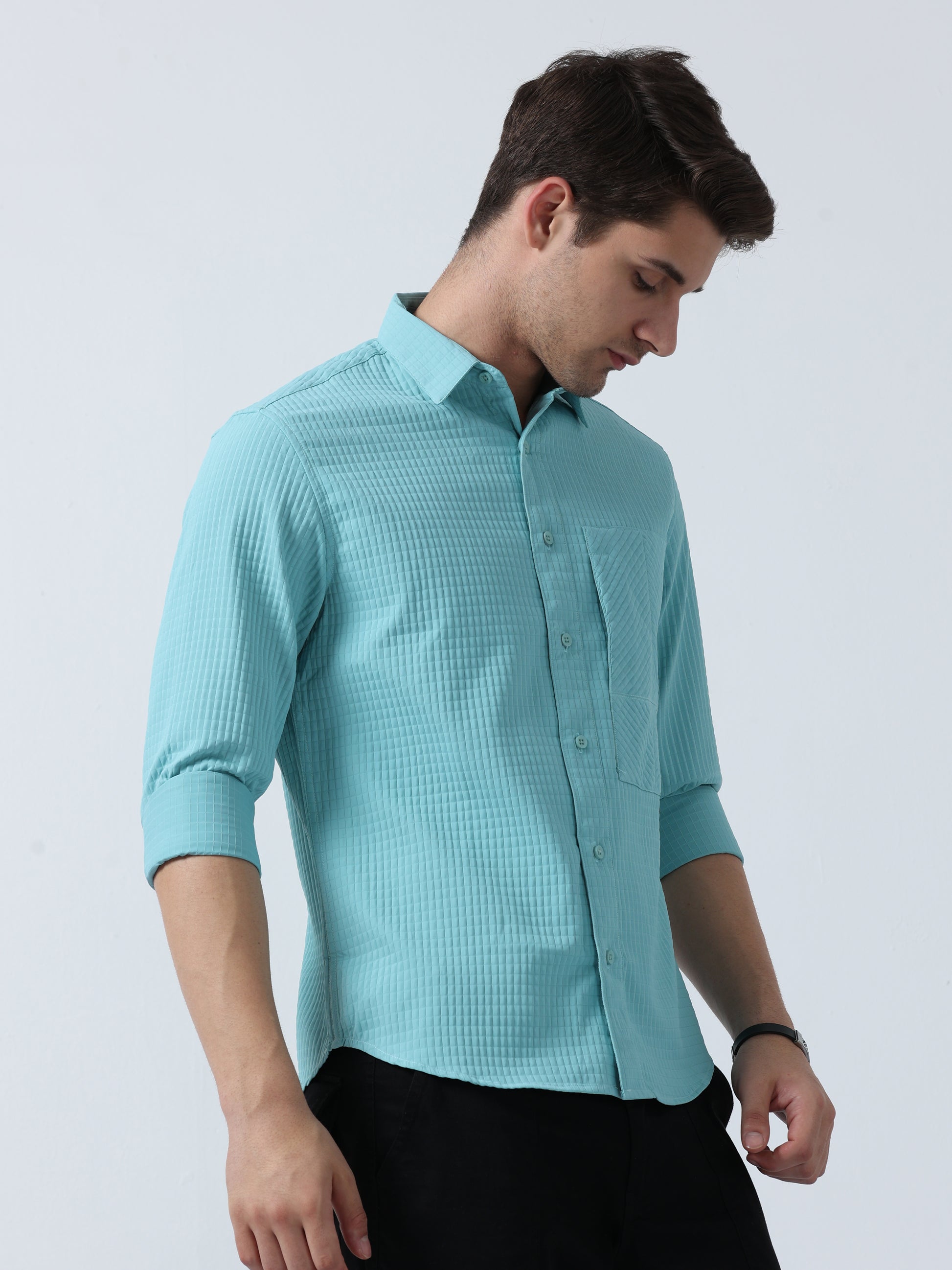 Sky Blue Pocket Twist Men's Plain Shirt