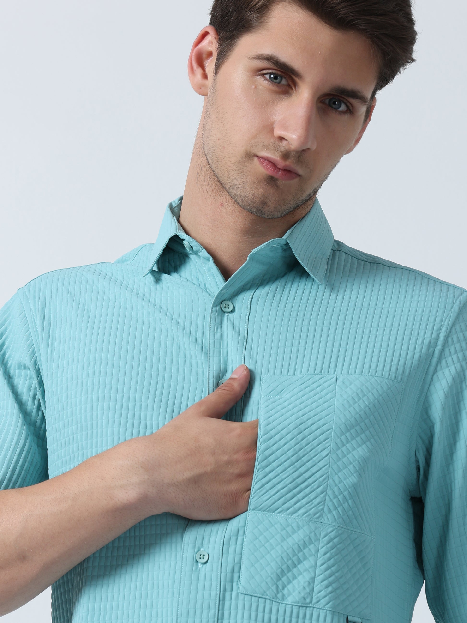 Sky Blue Pocket Twist Men's Plain Shirt