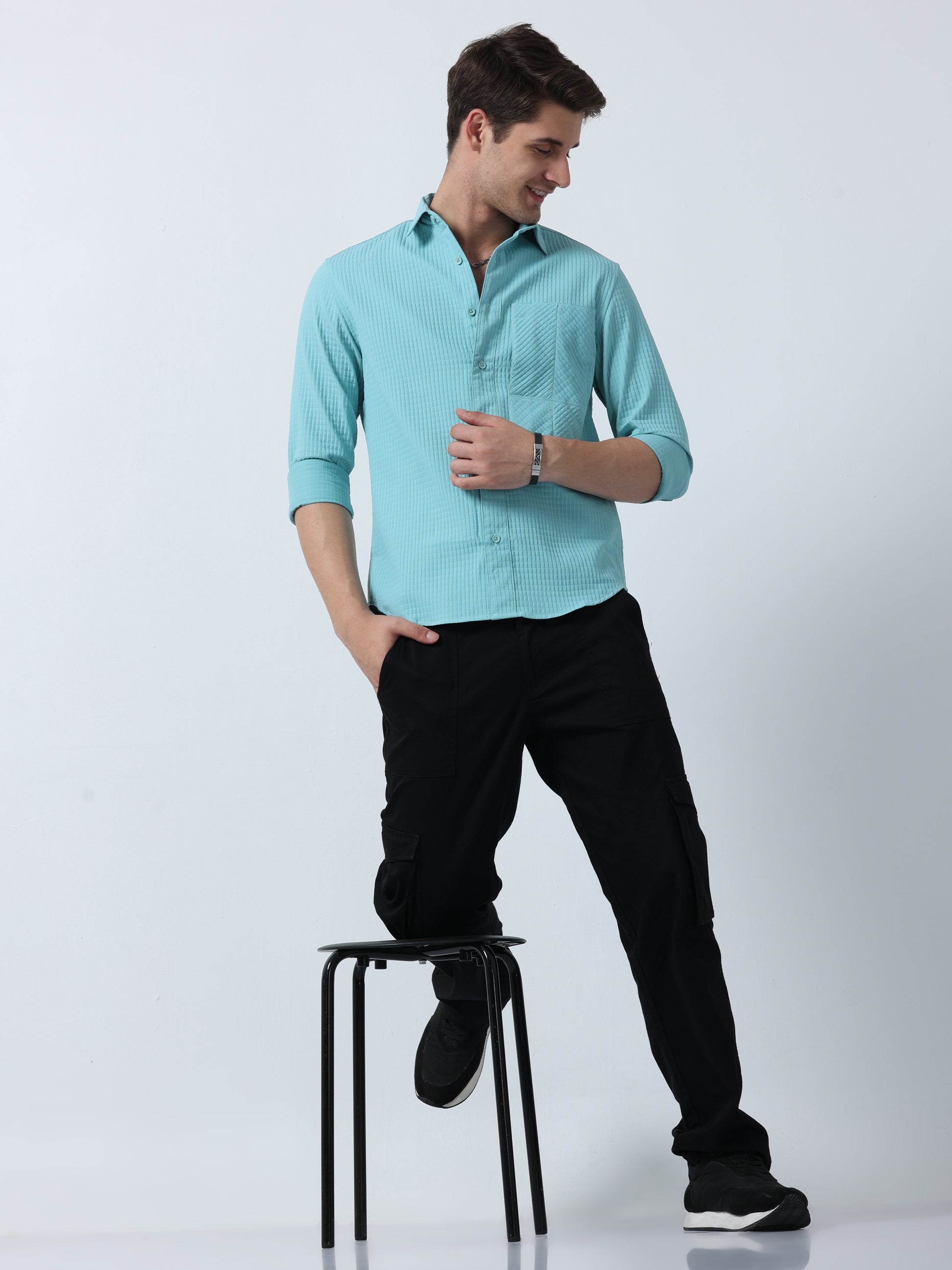 Sky Blue Pocket Twist Men's Plain Shirt