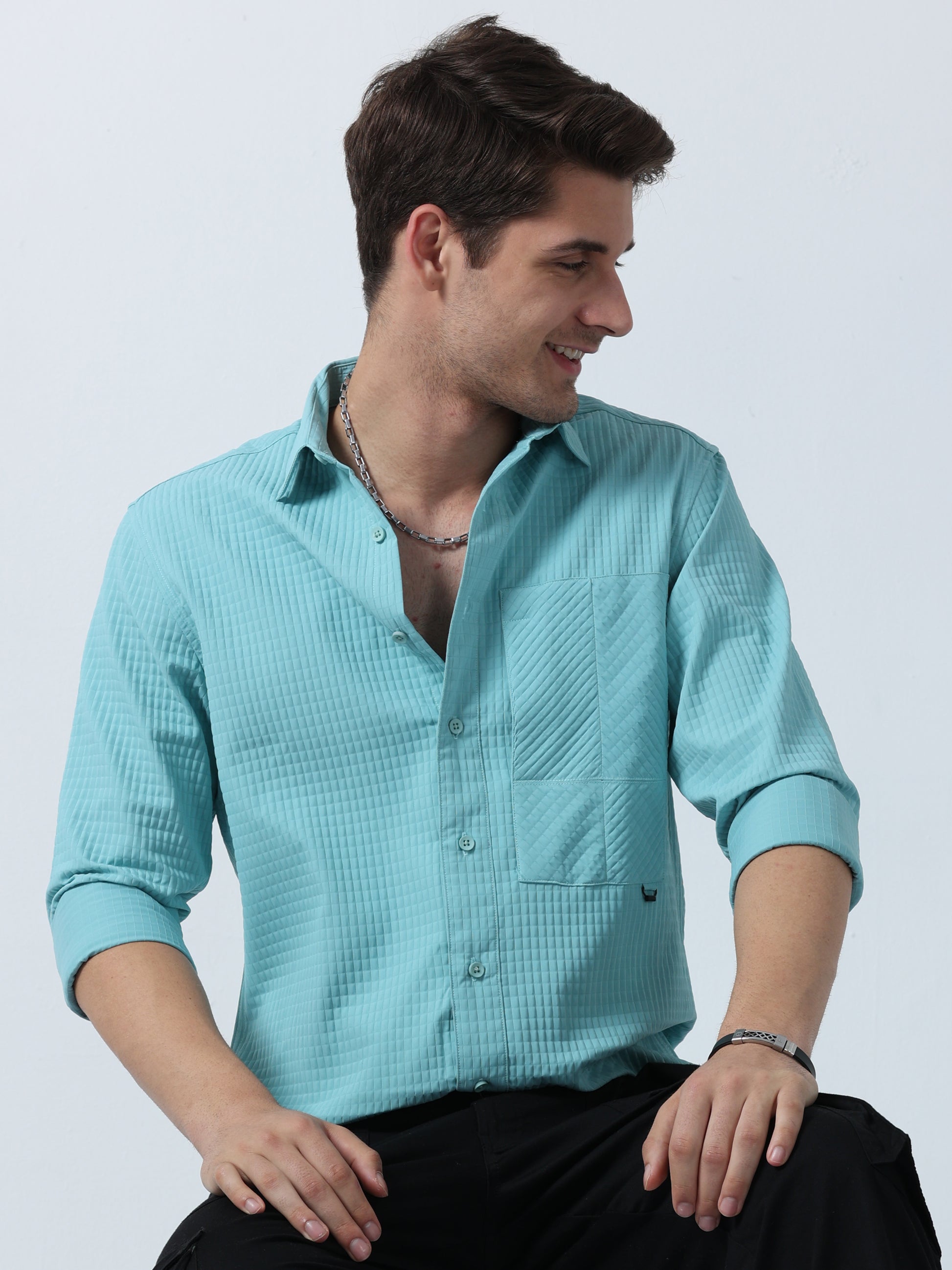 Sky Blue Pocket Twist Men's Plain Shirt