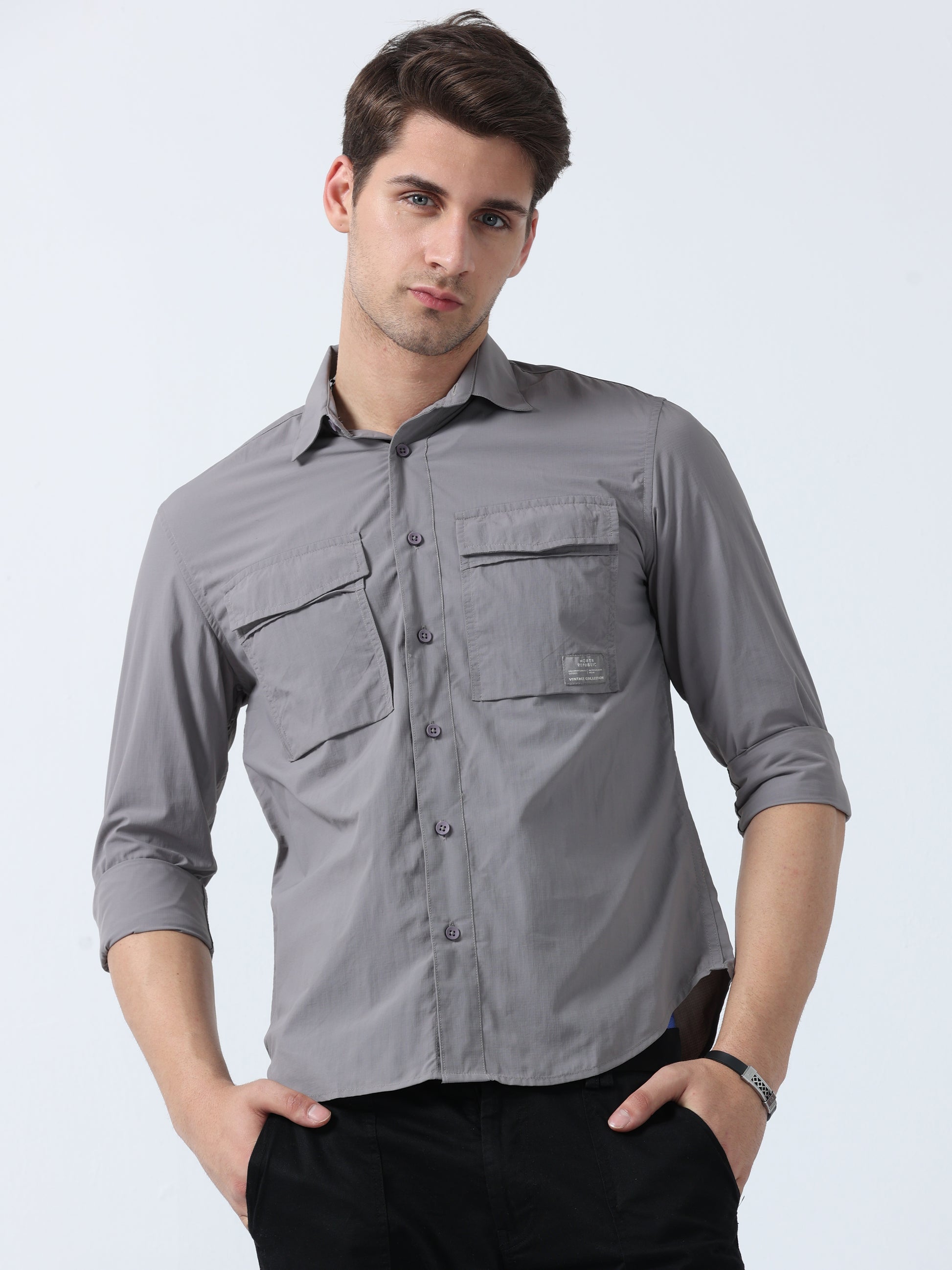 Light Grey Double-Pocket Men's Full Sleeve Plain Shirt