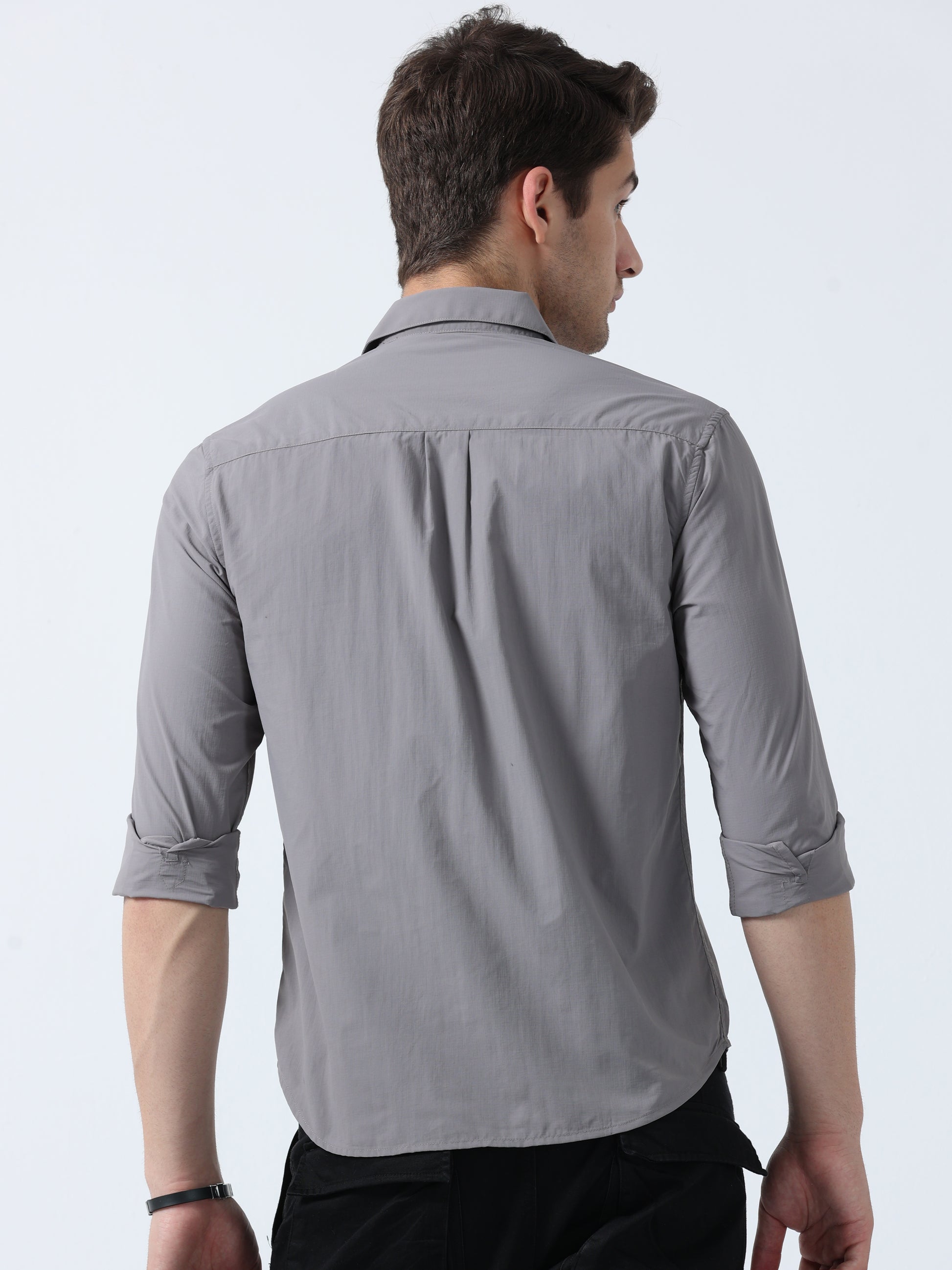 Light Grey Double-Pocket Men's Full Sleeve Plain Shirt