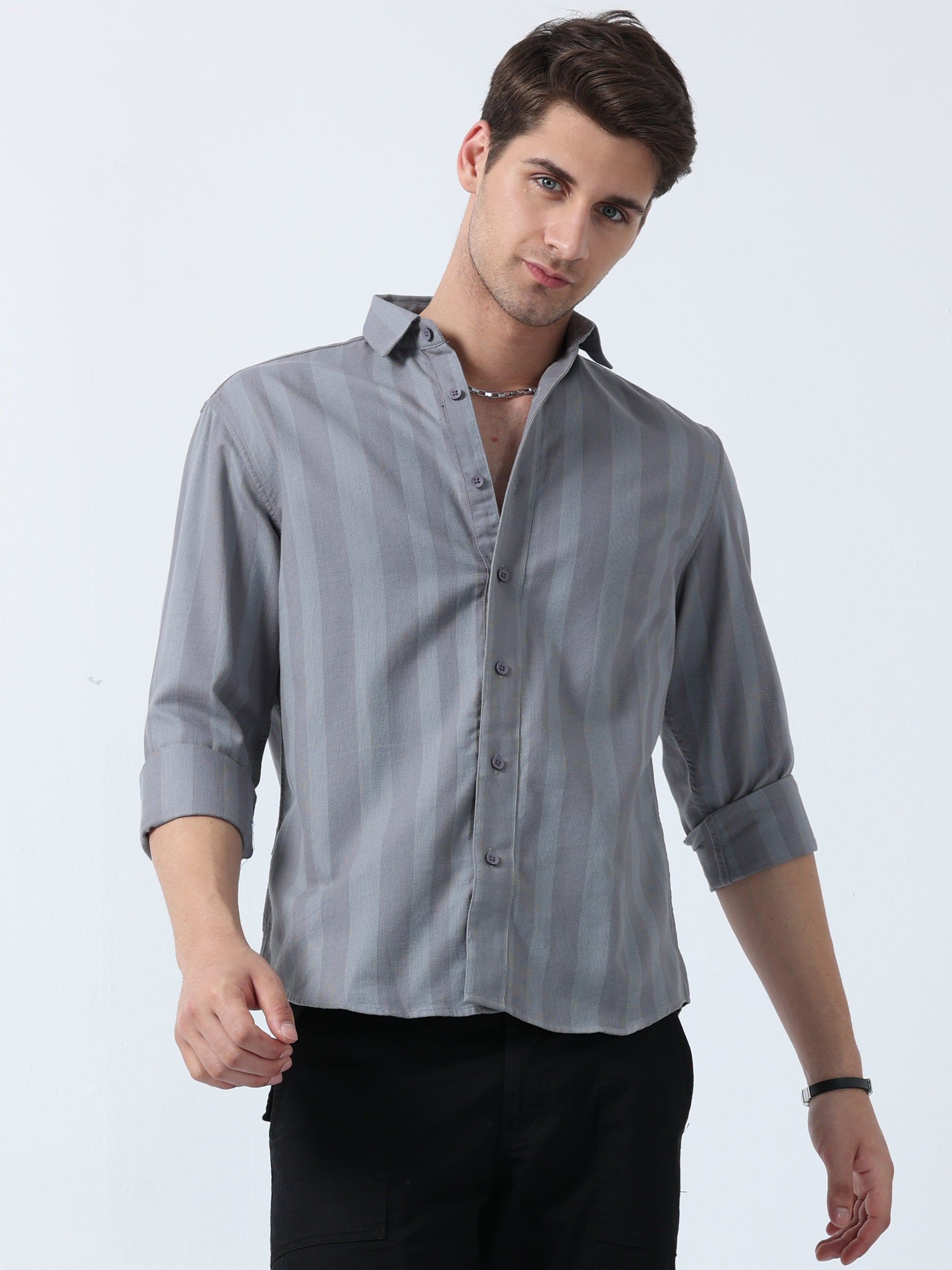 Grey Men's Full Sleeve Striped Shirt