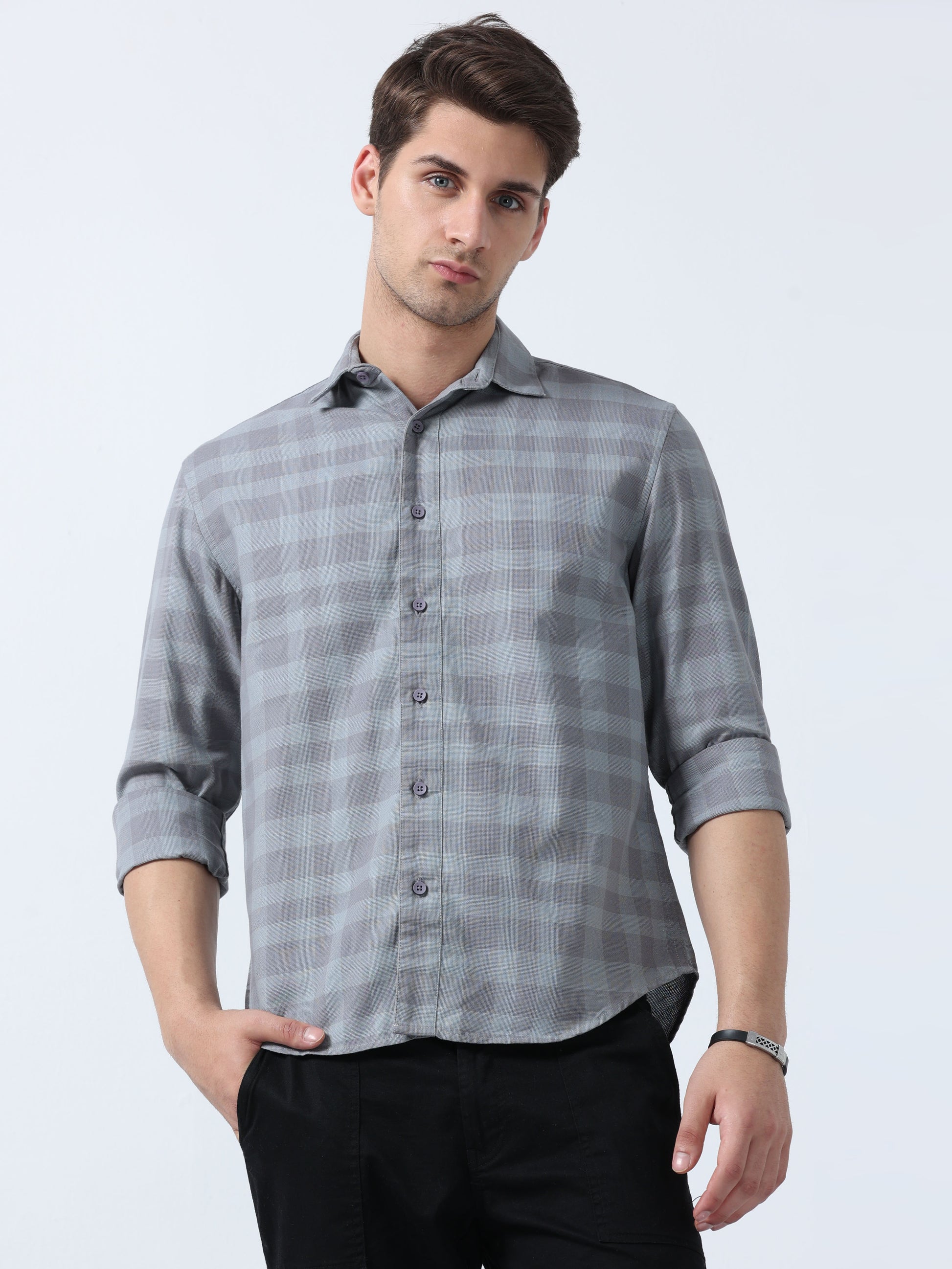 Grey Men's Full Sleeve Plaid Adventure Checked Shirt