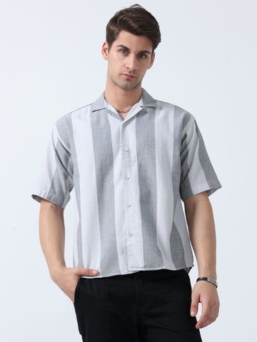 Grey Half Sleeve Loose fit Awning Striped Shirt