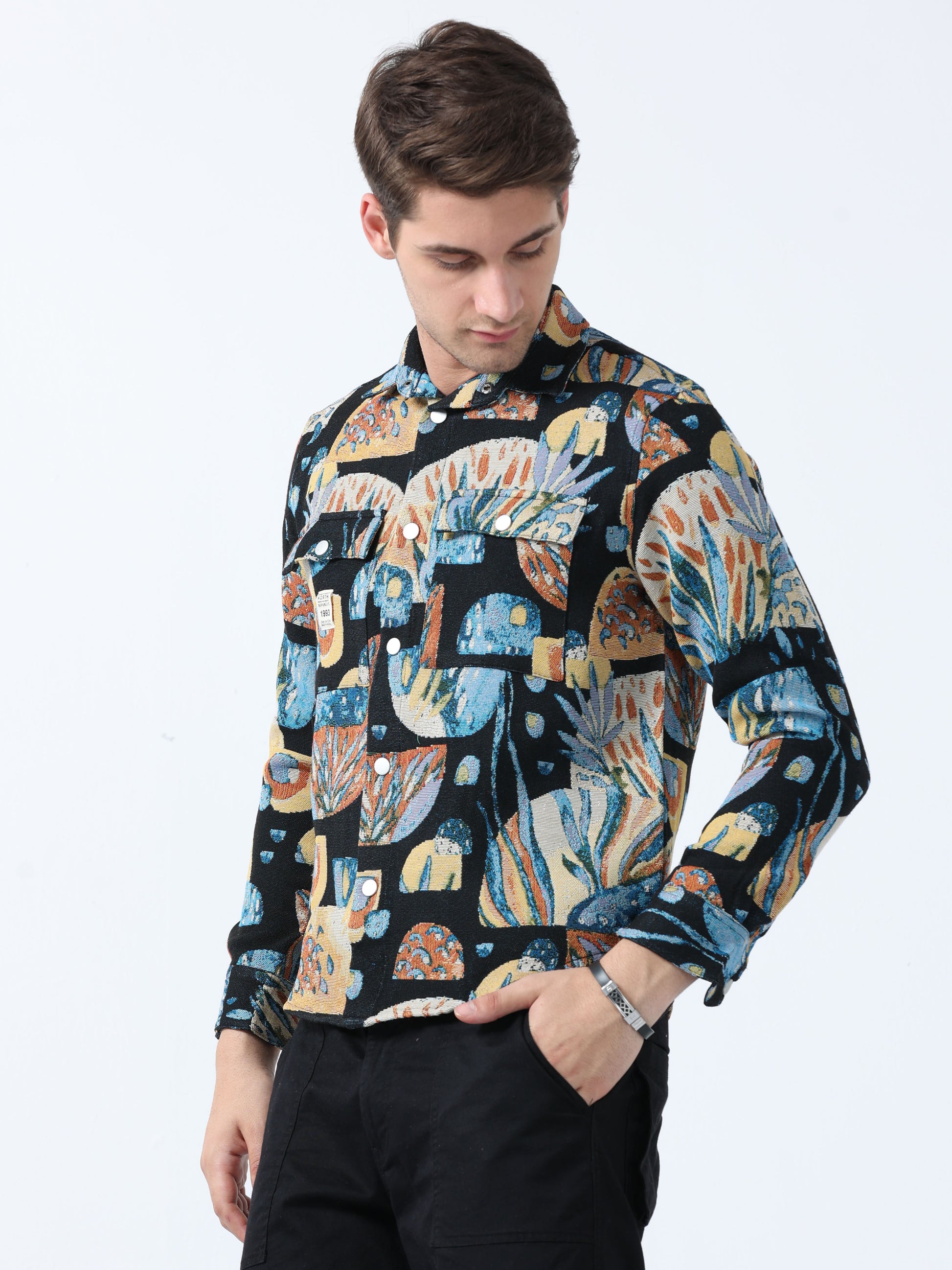 Black Imported Fabric Phoenix Ascendant Tribe Jacquard Shirt