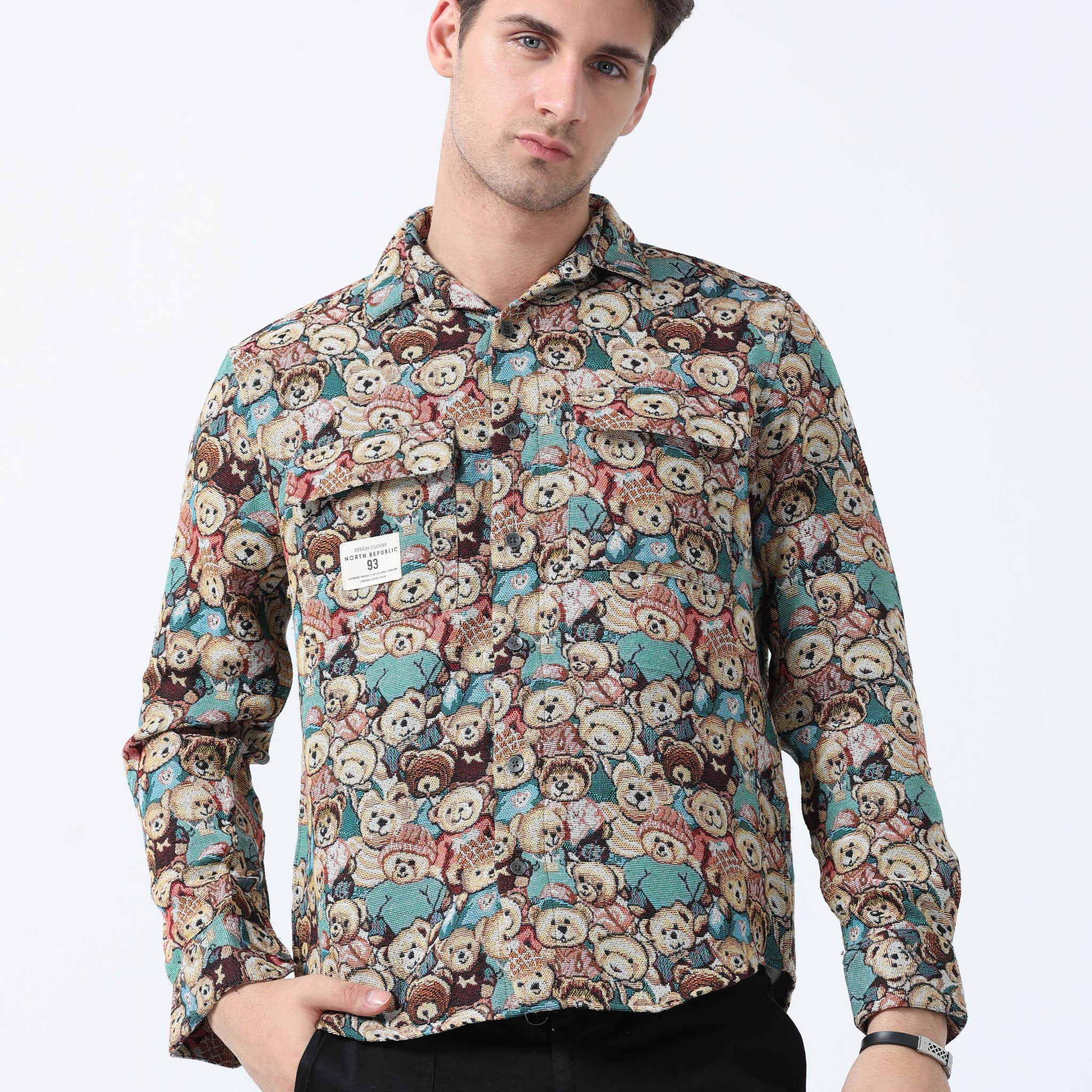 Yellow Teddy Print Imported Fabric Double Pocket Jacquard Shirt