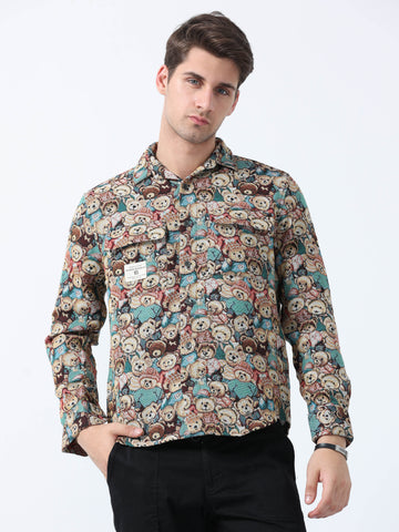Yellow Teddy Print Imported Fabric Double Pocket Jacquard Shirt