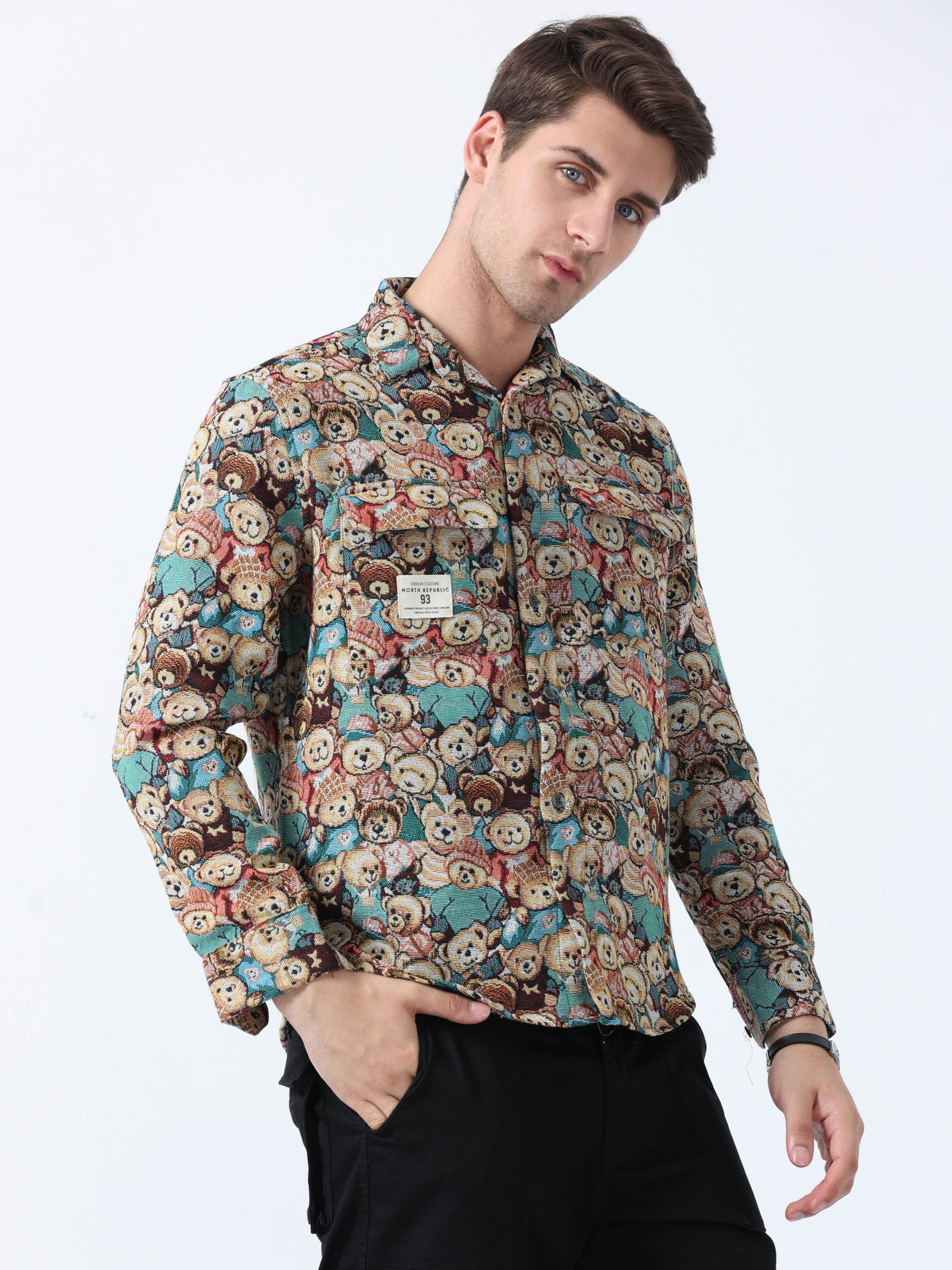 Yellow Teddy Print Imported Fabric Double Pocket Jacquard Shirt