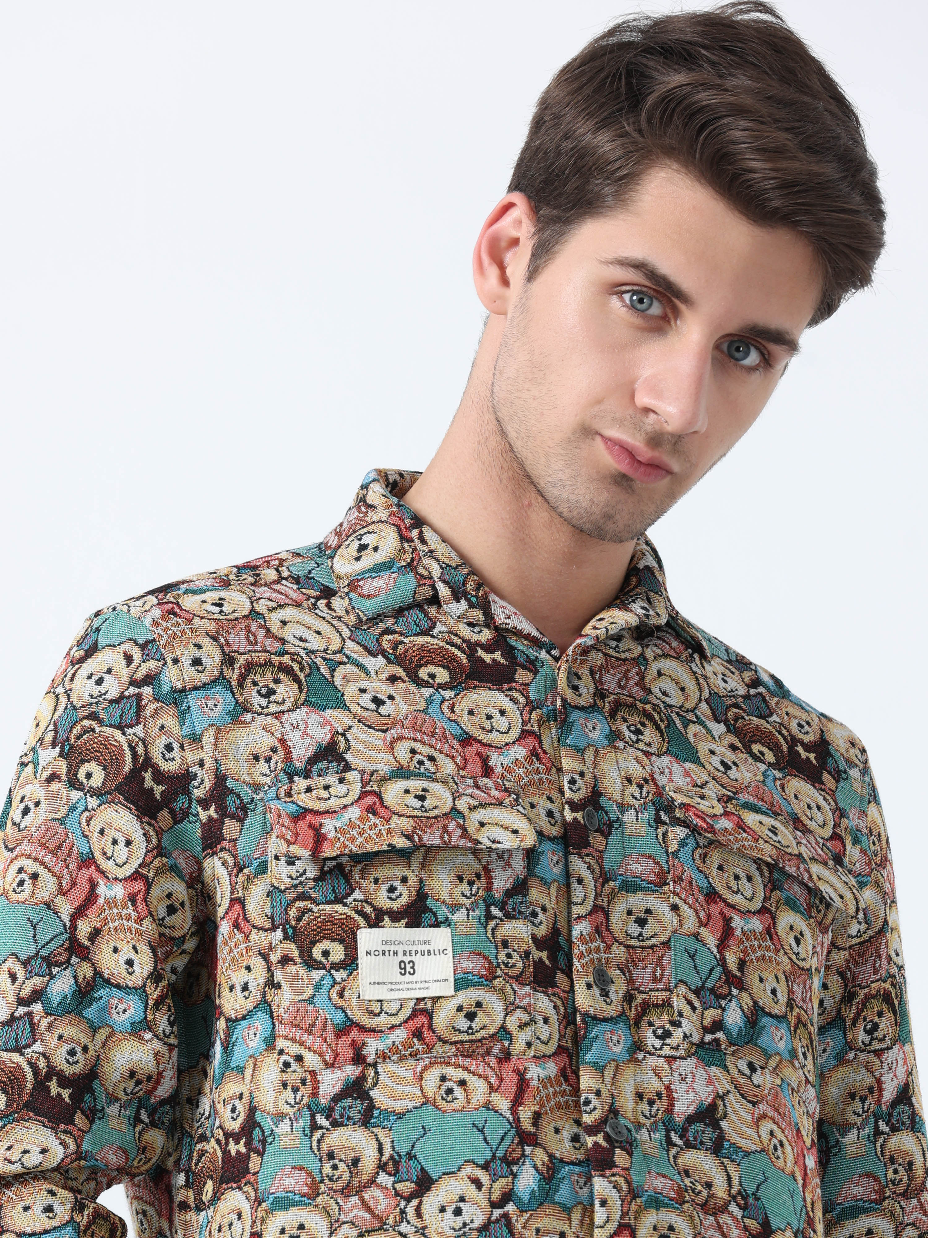 Buy Yellow Teddy Print Imported Fabric Double Pocket Jacquard Shirt