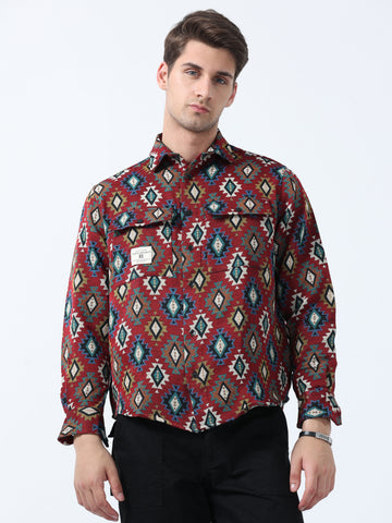 Dark Maroon Imported Fabric Double Pocket Jacquard Shirt