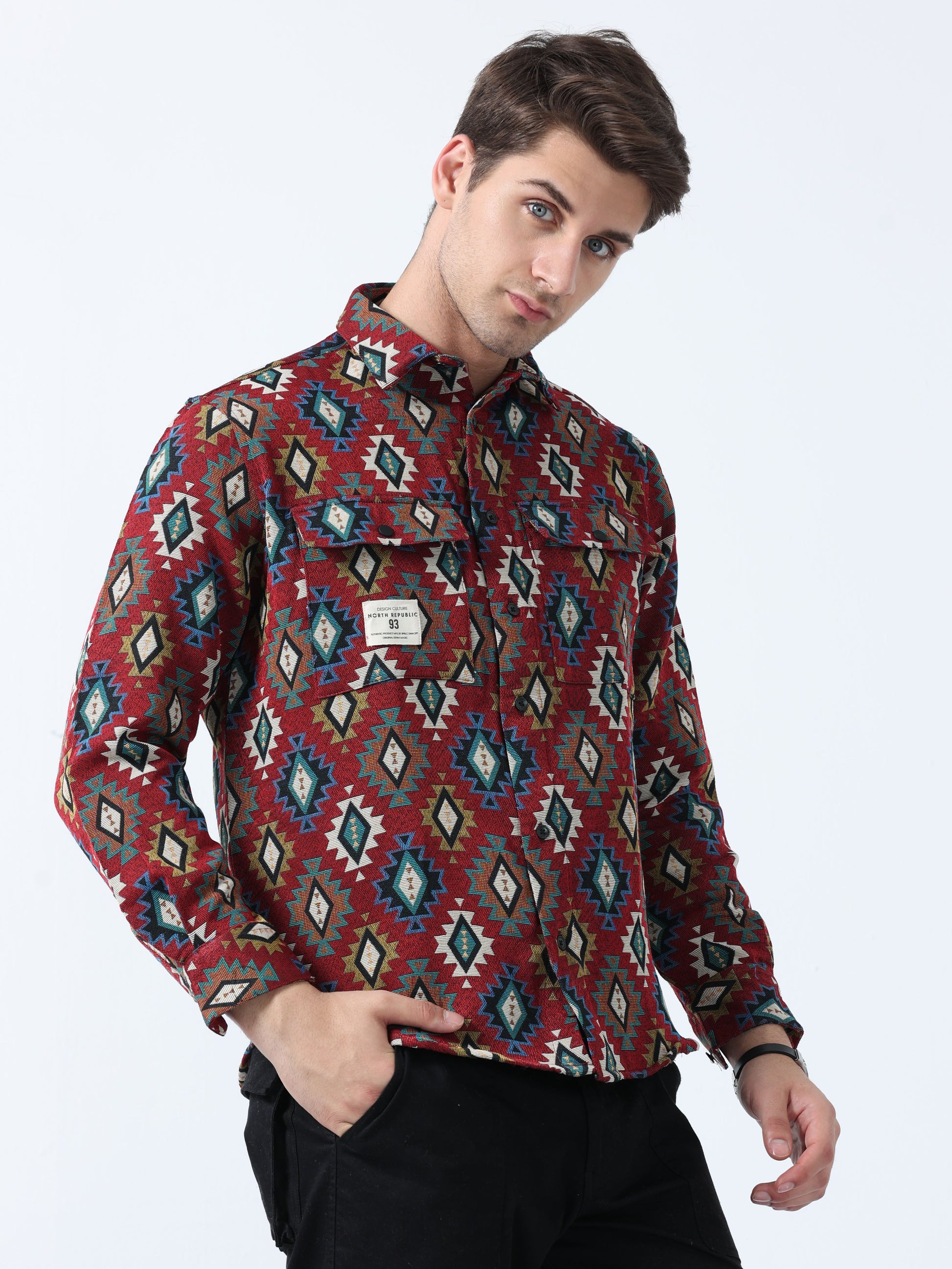 Dark Maroon Imported Fabric Double Pocket Jacquard Shirt