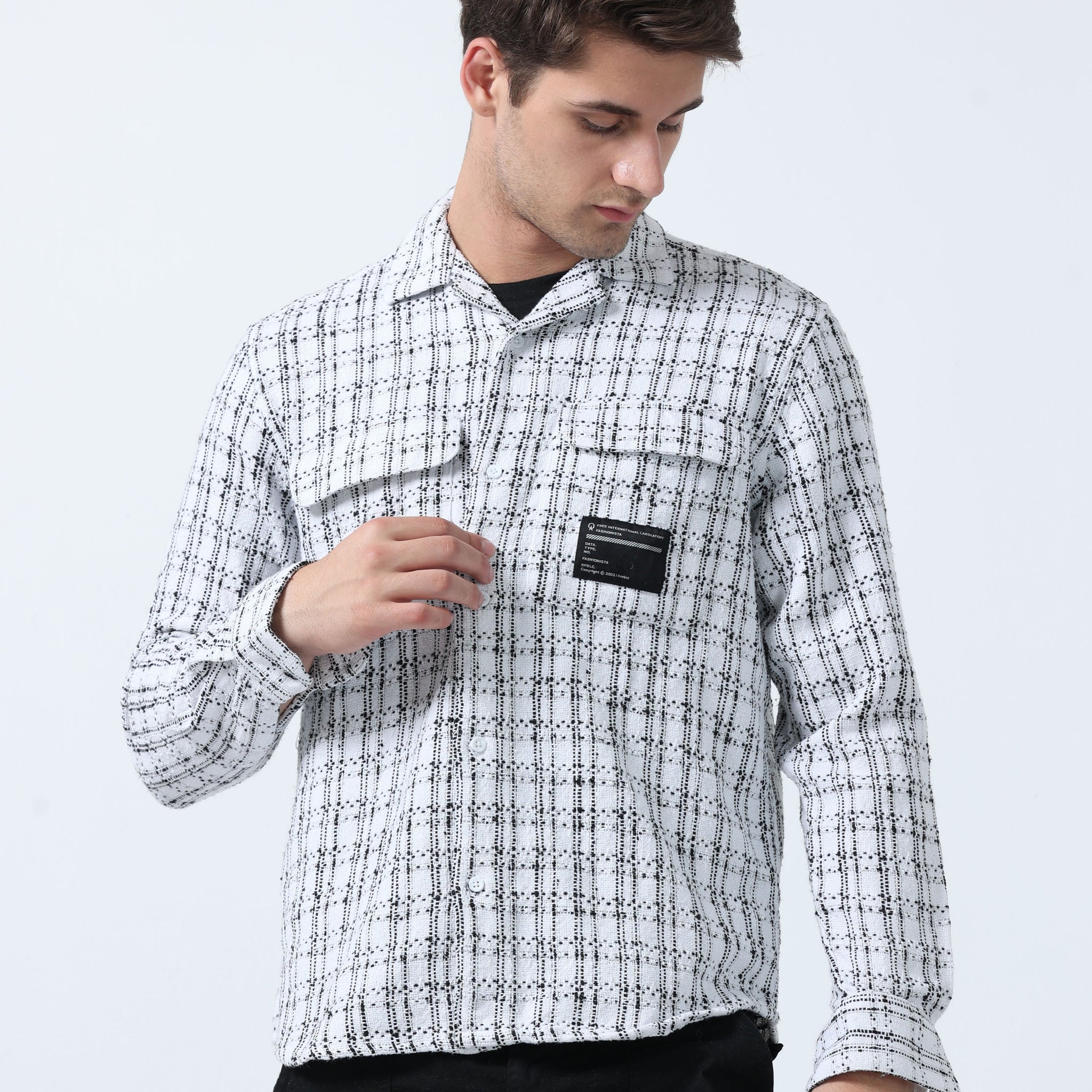 White Imported Fabric Full Sleeve Dual Pocket Checked Shirt
