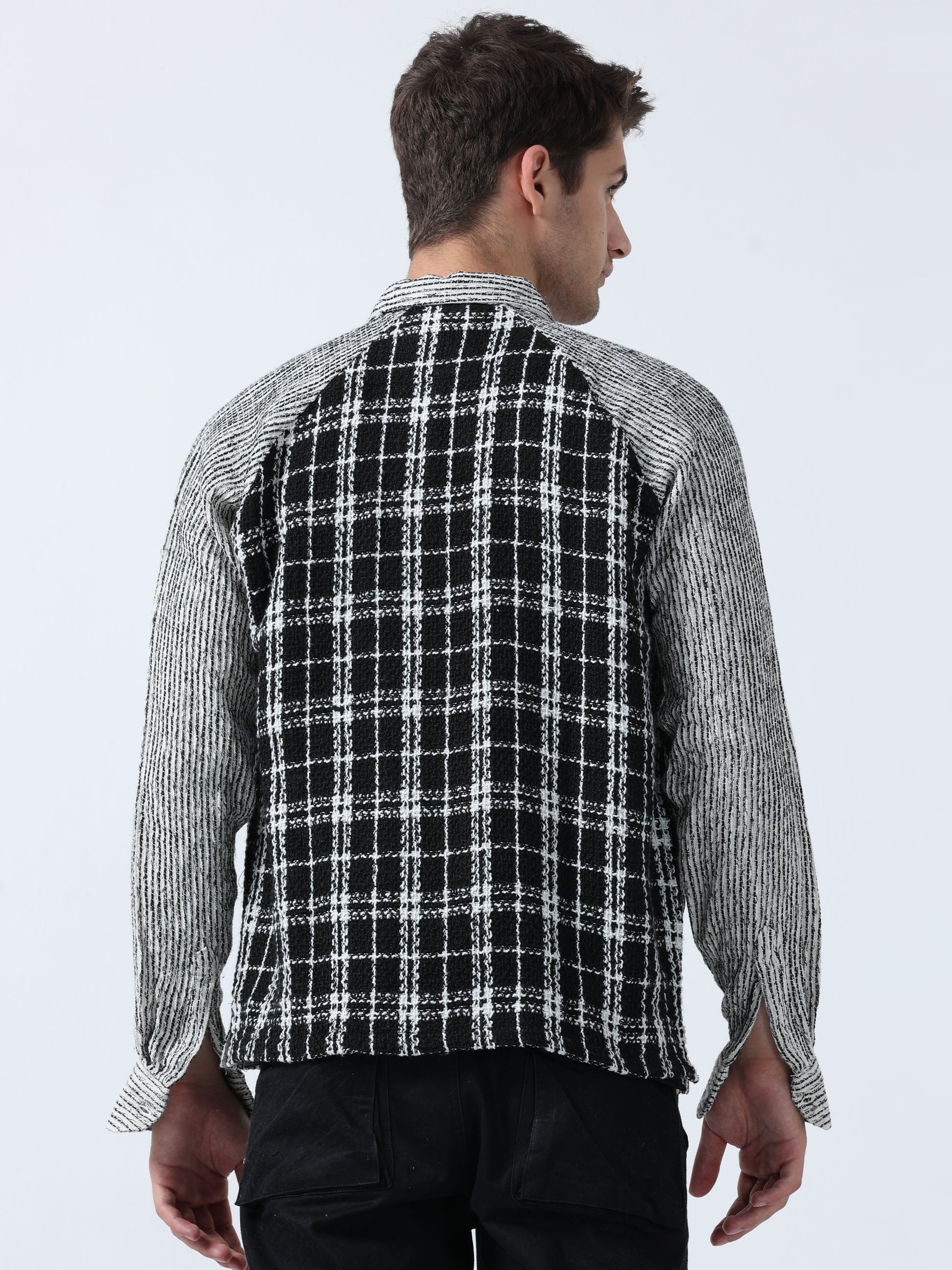 Imported Fabric Black Raglan Zipper Full Sleeve Checked Shirt