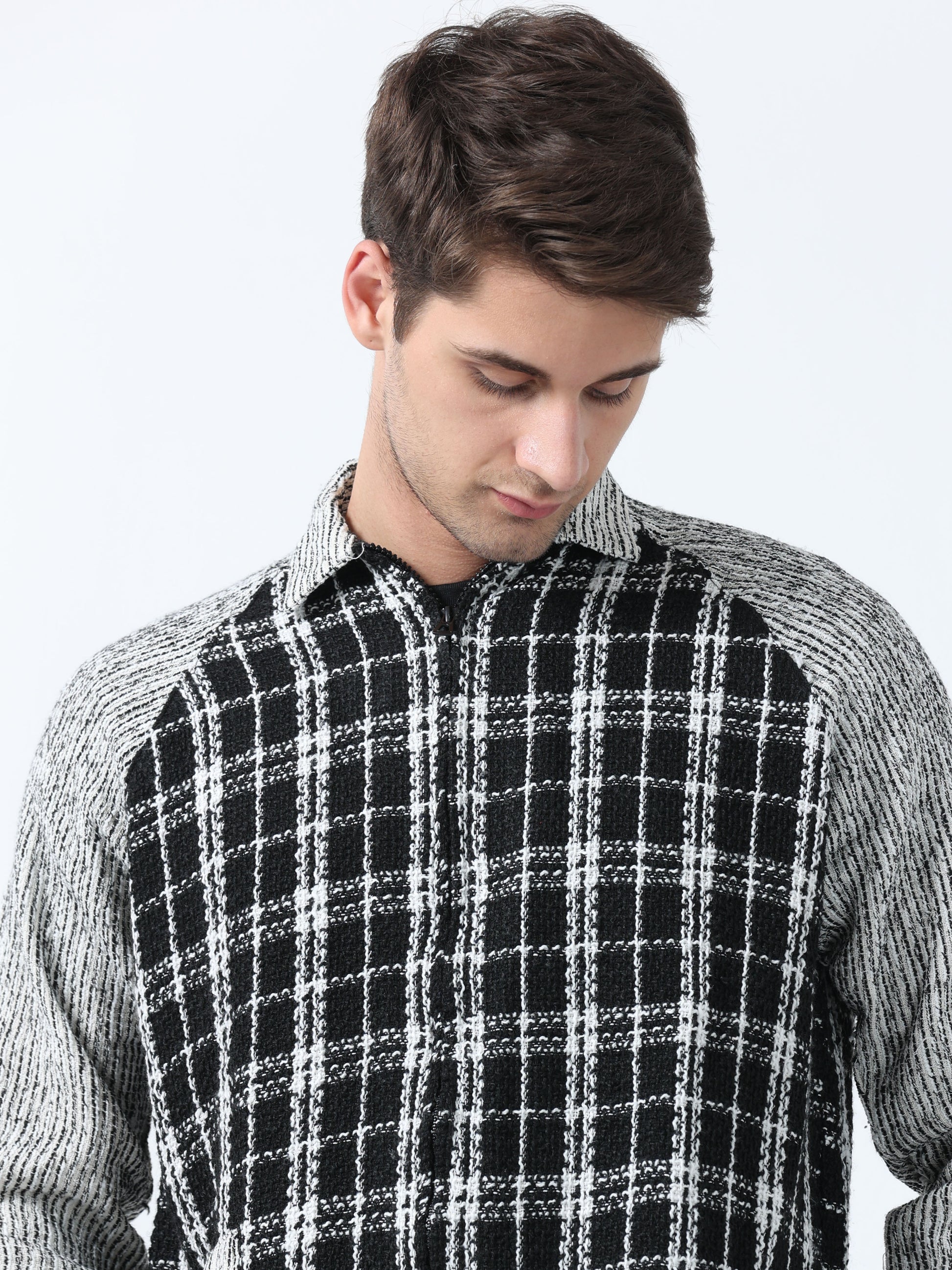 Imported Fabric Black Raglan Zipper Full Sleeve Checked Shirt