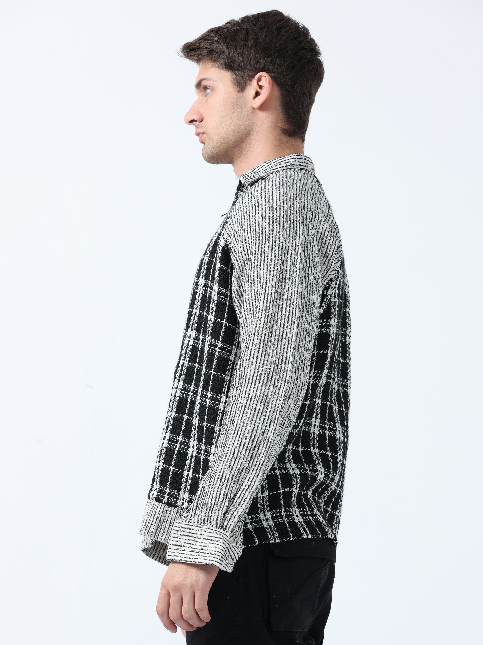 Imported Fabric Black Raglan Zipper Full Sleeve Checked Shirt